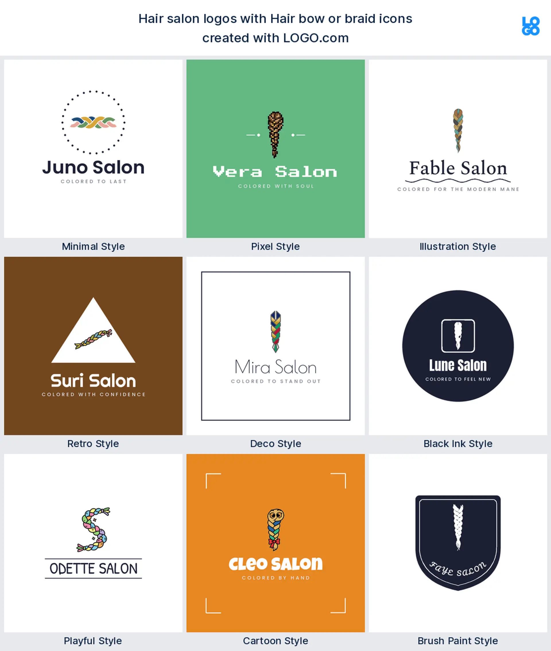 Hair bow or braid shown across nine LOGO.com hair salon logo styles