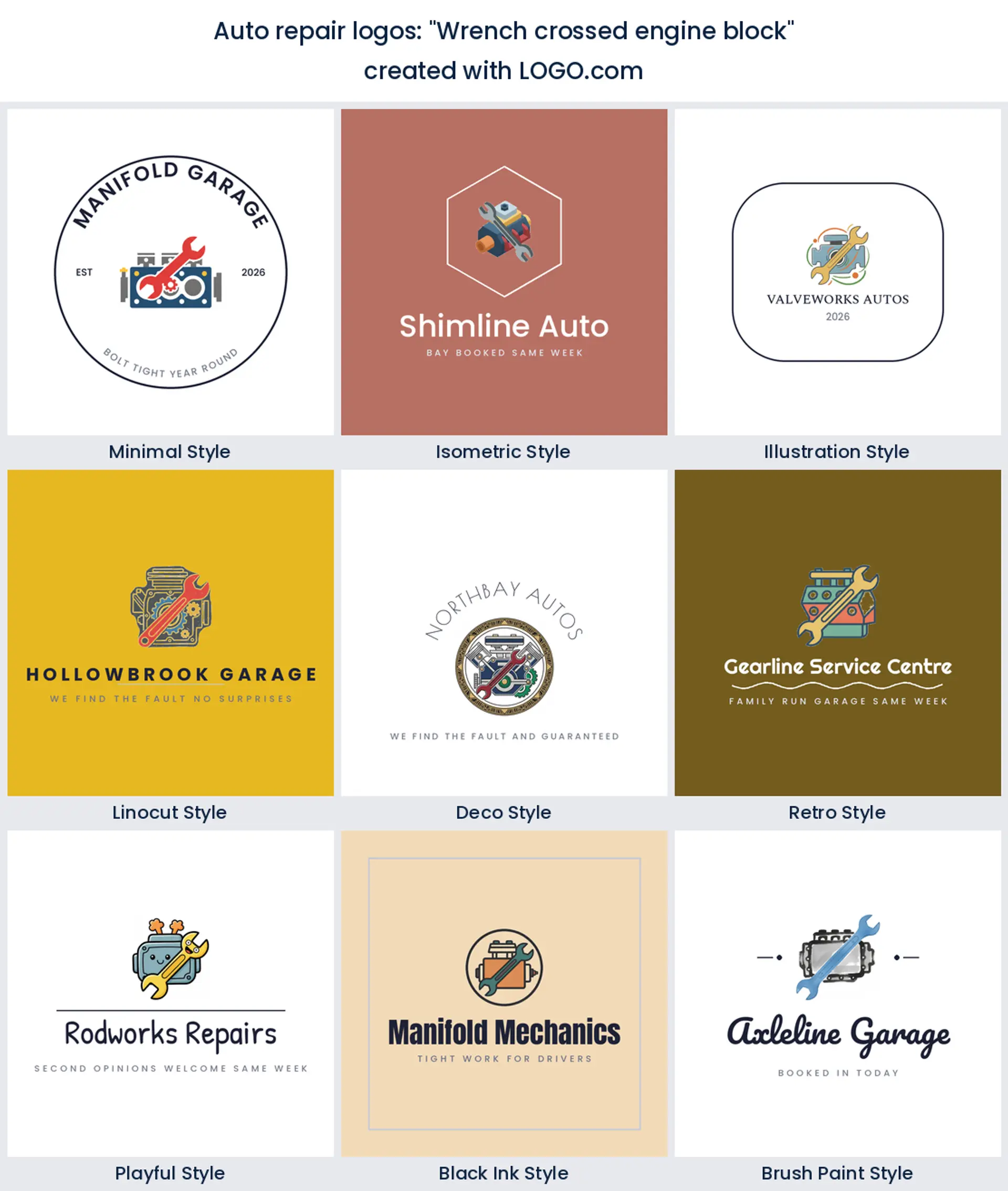 "Wrench crossed engine block" auto repair logo idea shown in nine LOGO.com styles