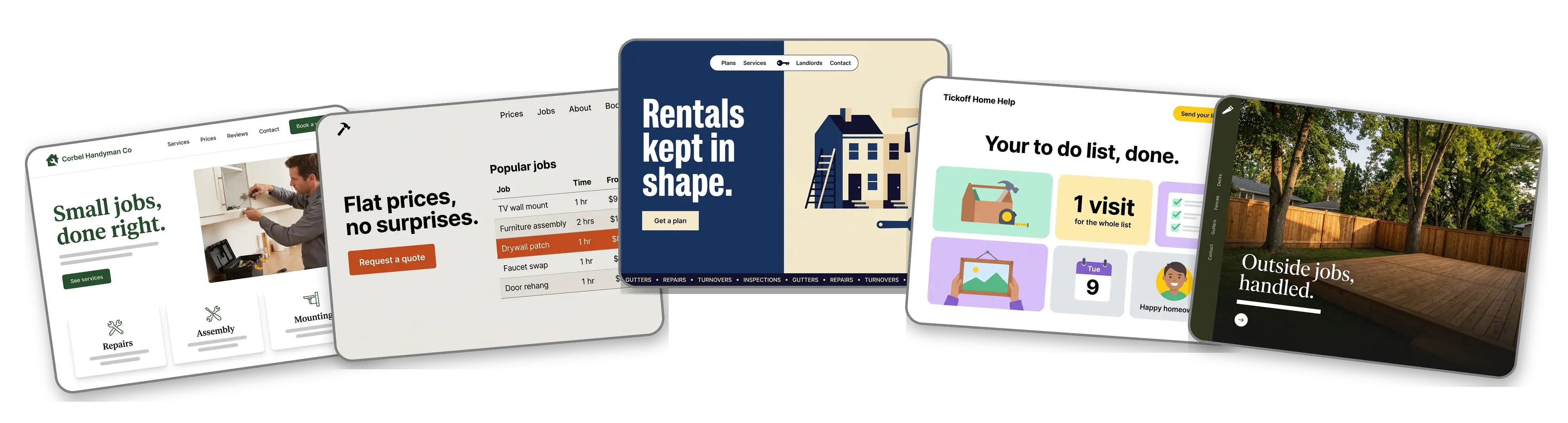 Five handyman websites built with LOGO.com from a logo upload: a local handyman service, a handyman with flat job prices, a property maintenance company for landlords, a to do list service and an outdoor handyman for decks and fences