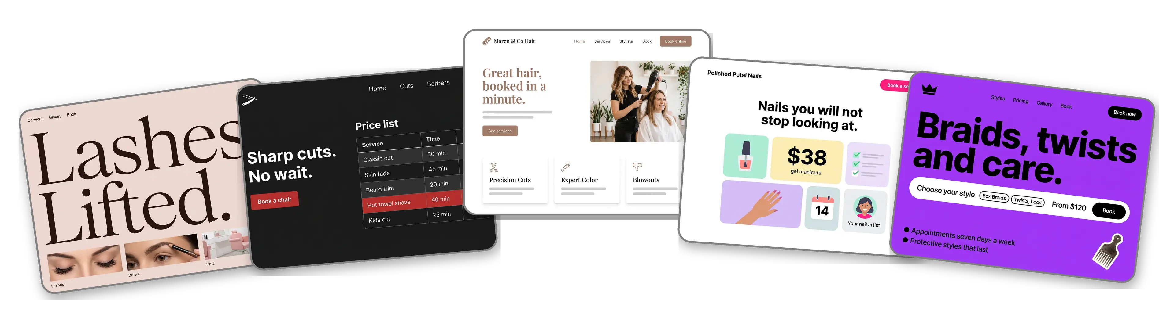 Five salon websites built with LOGO.com from a logo upload: a brow and lash studio, a barbershop, a hair salon, a nail salon and a braiding stylist