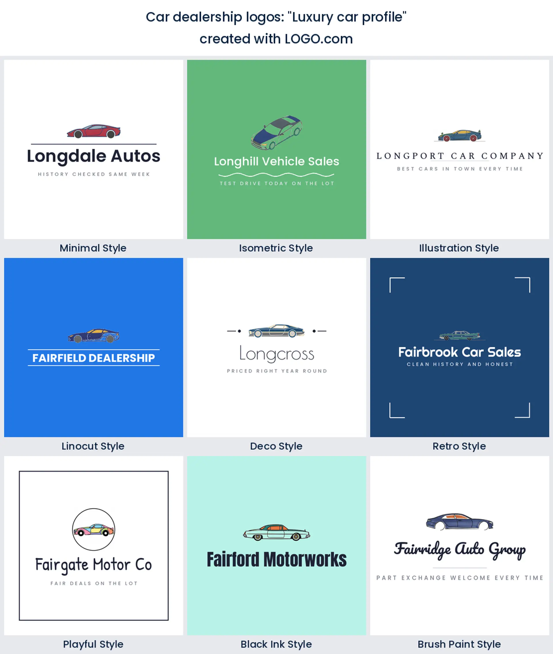 Luxury car profile automotive logo in nine styles