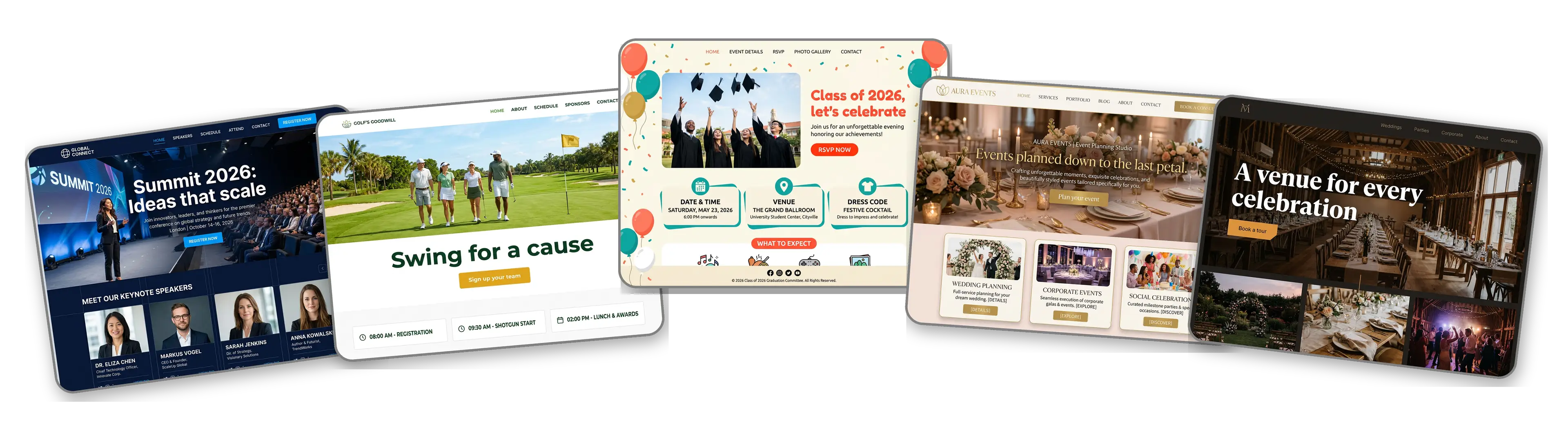 Five event websites built with LOGO.com from a logo upload: a corporate conference, a charity golf tournament, a graduation party, an event planning studio and an event venue