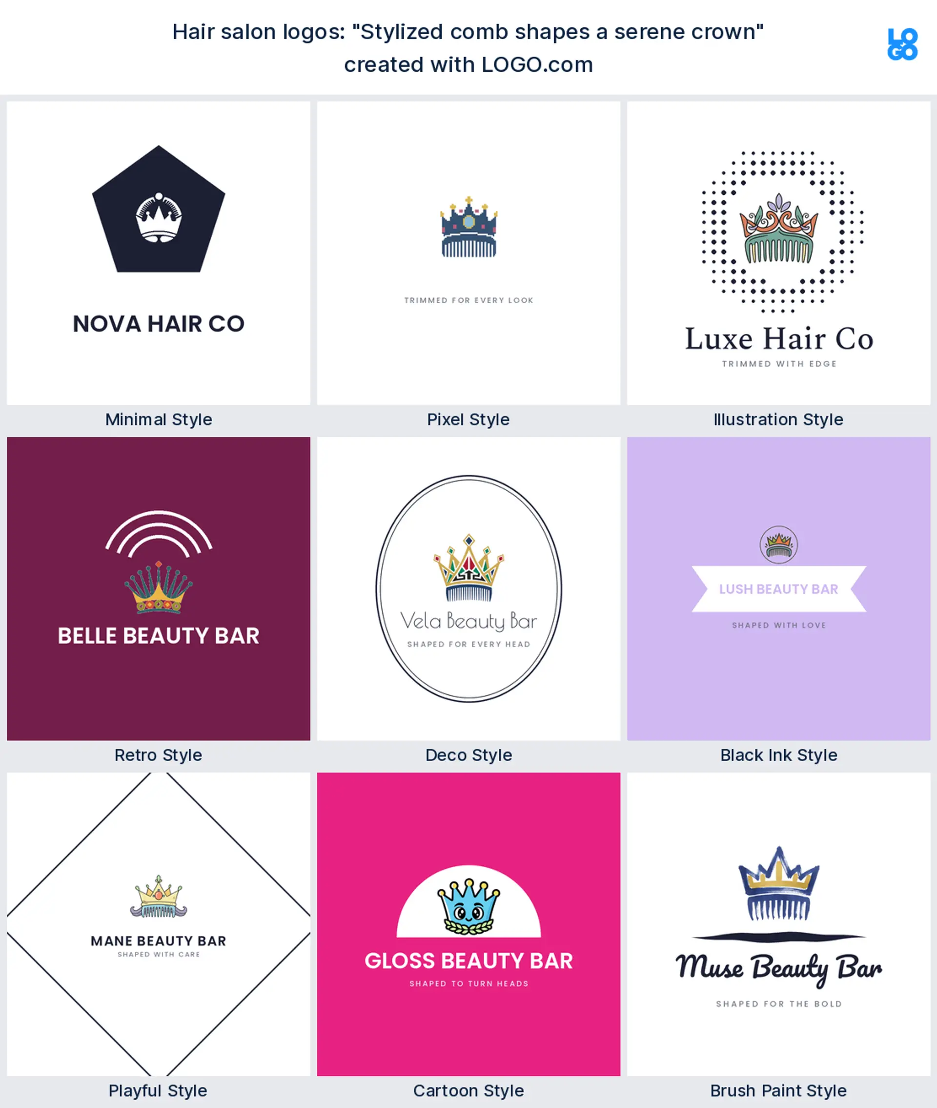 The "Stylized comb shapes a serene crown" hair salon logo idea shown across nine LOGO.com styles