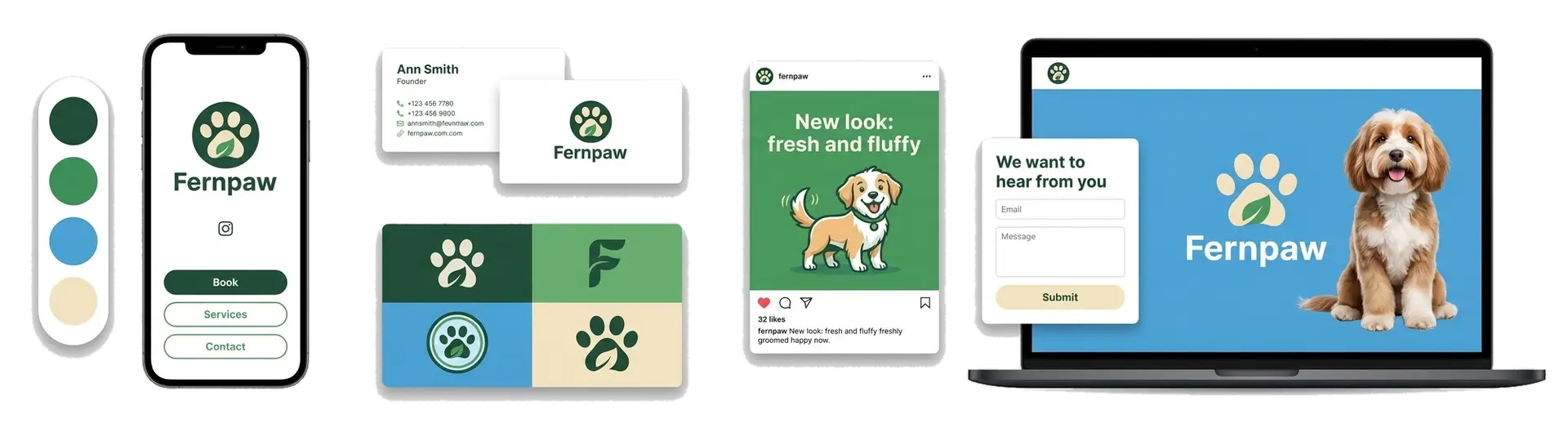 A pet grooming logo maker preview showing a dog grooming logo across a phone, a storefront sign, and an app