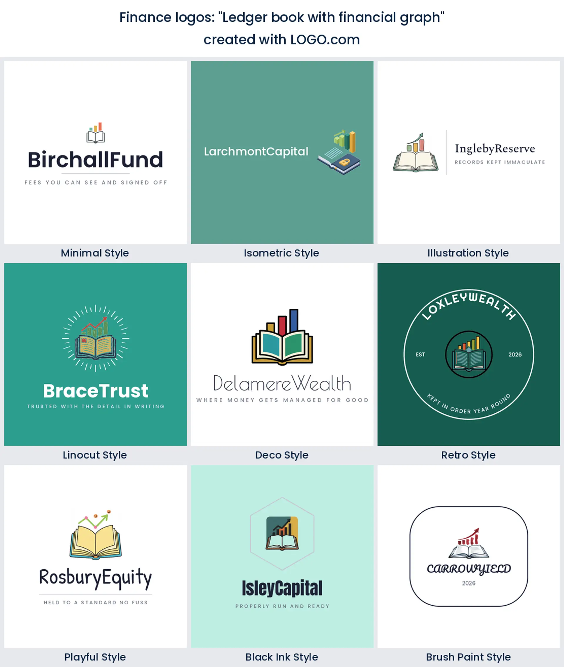 Nine styles of banking logo with an open ledger and a rising graph