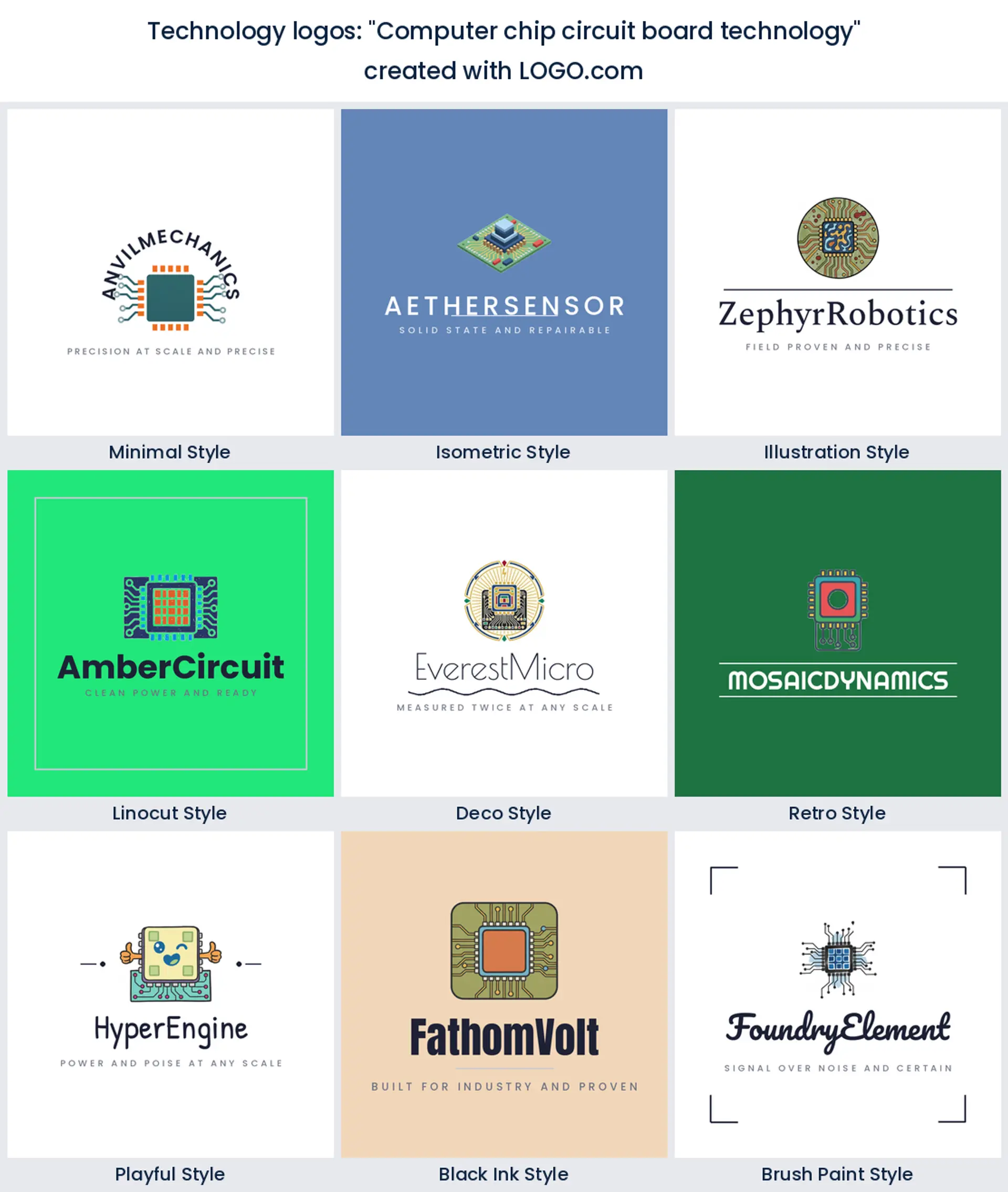 Computer chip circuit board technology logo in nine styles.