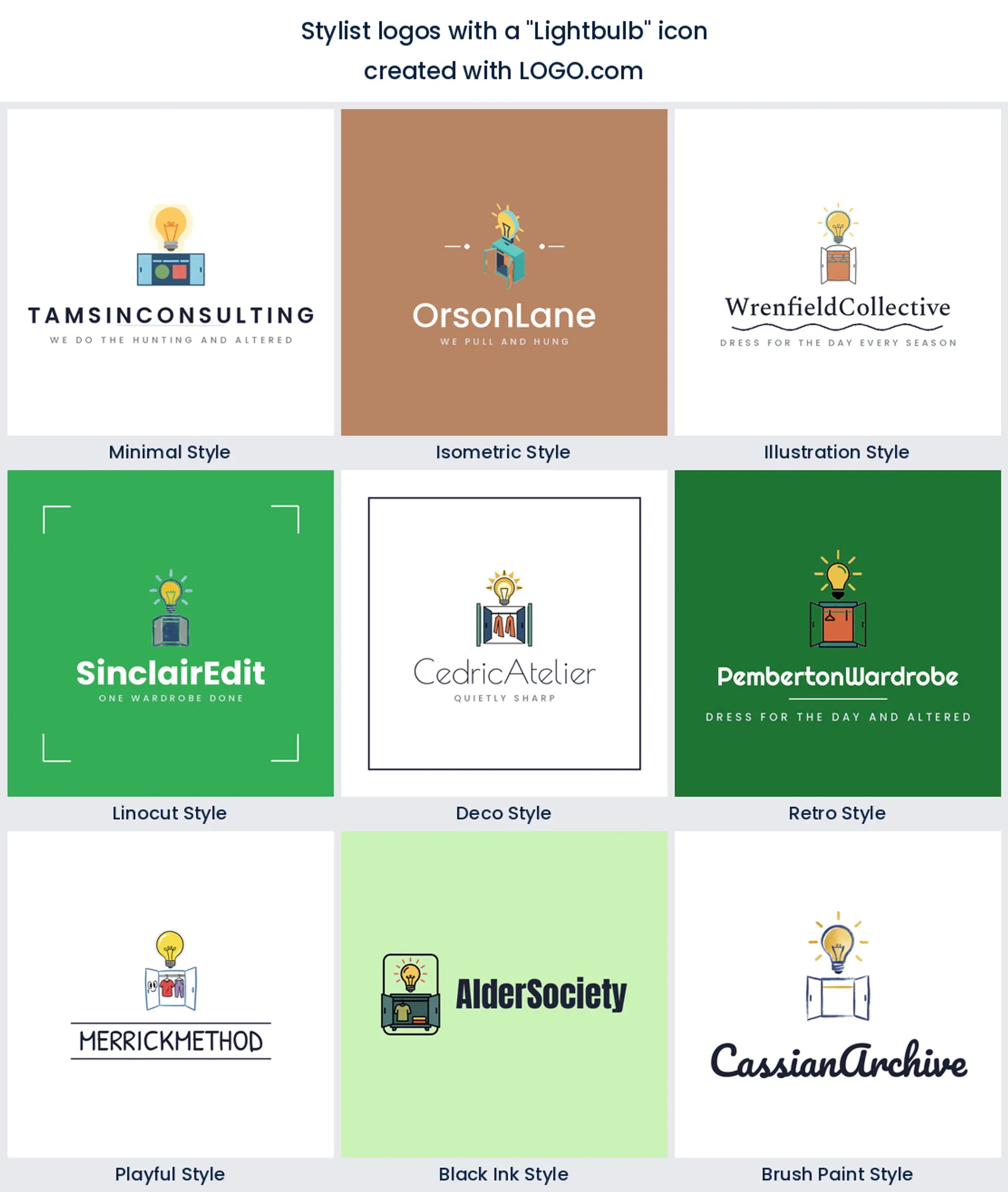 Lightbulb and closet stylist logo shown in nine LOGO.com styles