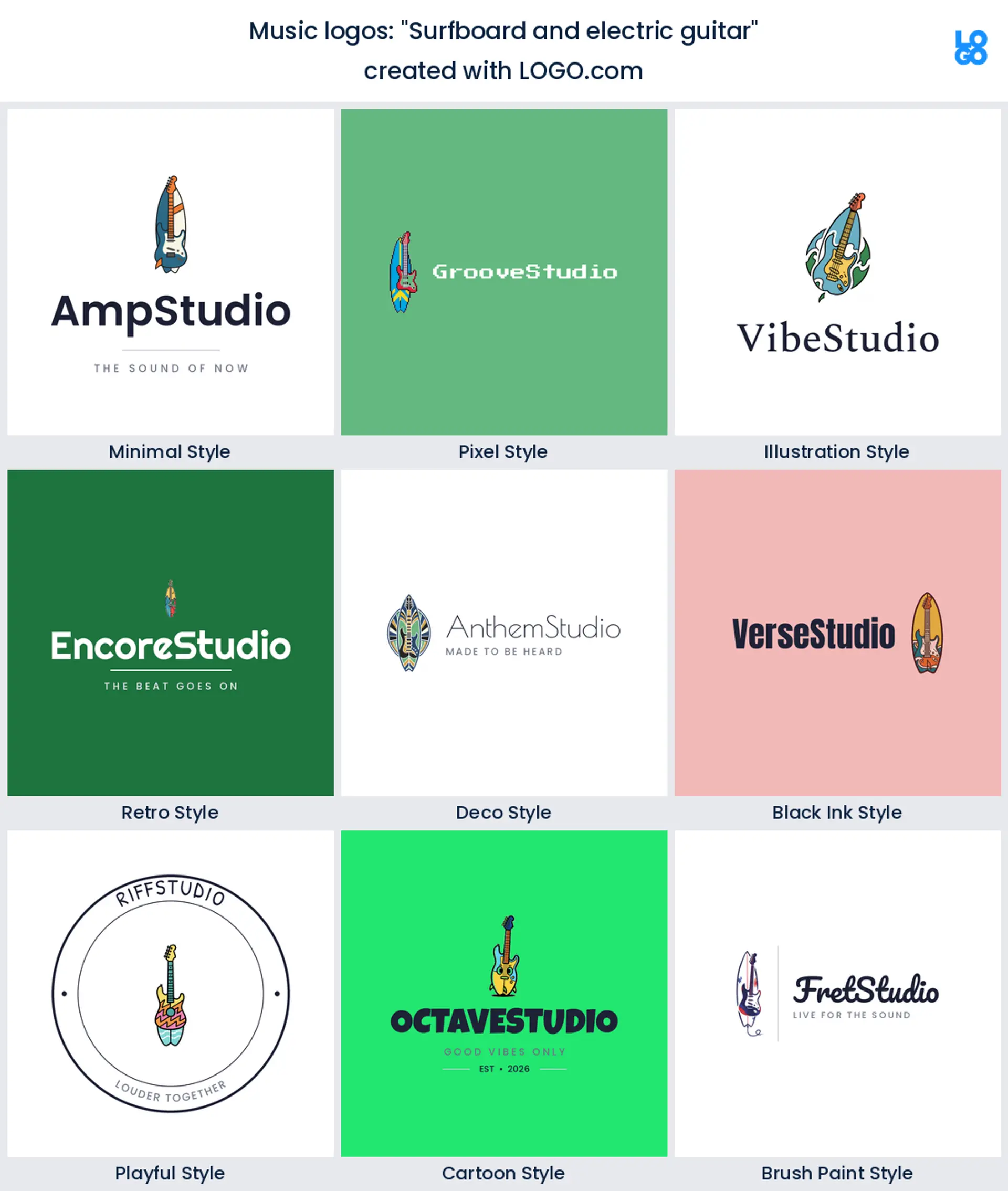 Surfboard and electric guitar, a music logo idea shown in nine LOGO.com styles
