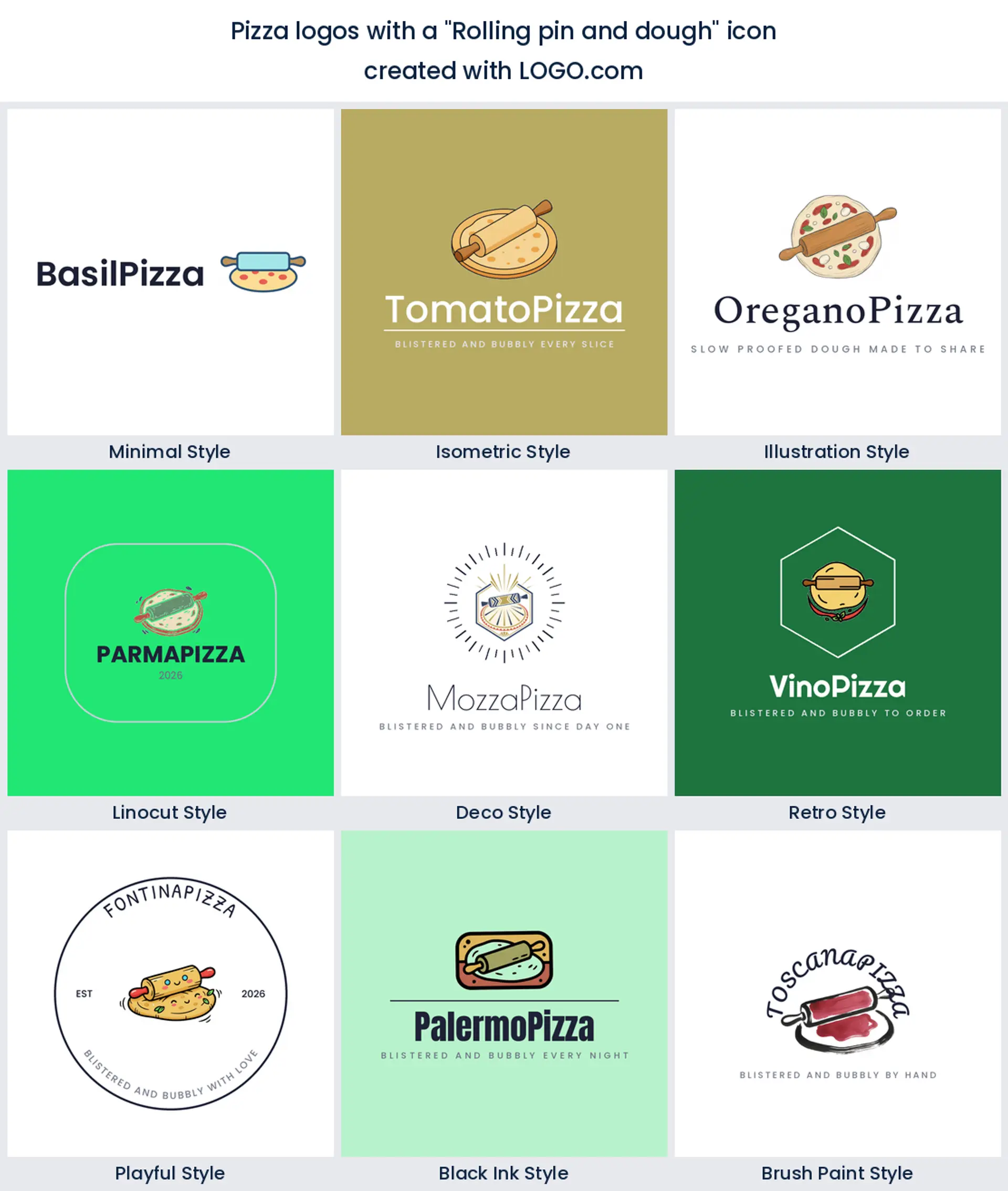 Rolling pin and dough pizza logo shown in nine LOGO.com styles.