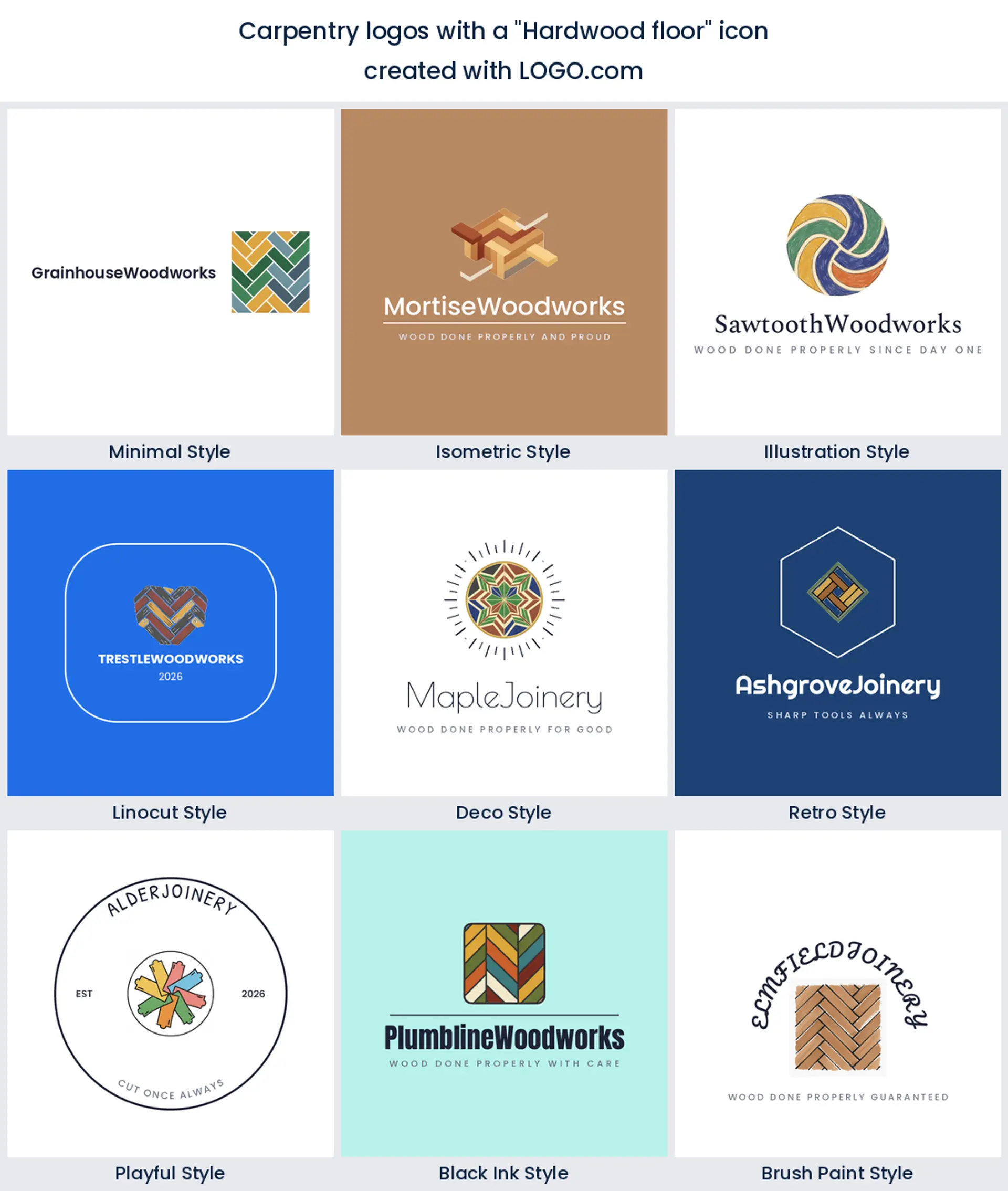Hardwood floor carpentry logo shown across nine LOGO.com styles