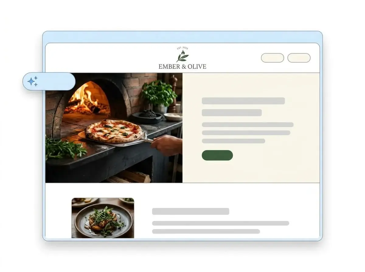 Finished Ember & Olive restaurant website built by the restaurant website builder from the uploaded logo, with a wood fired pizza hero image and a plated dish thumbnail