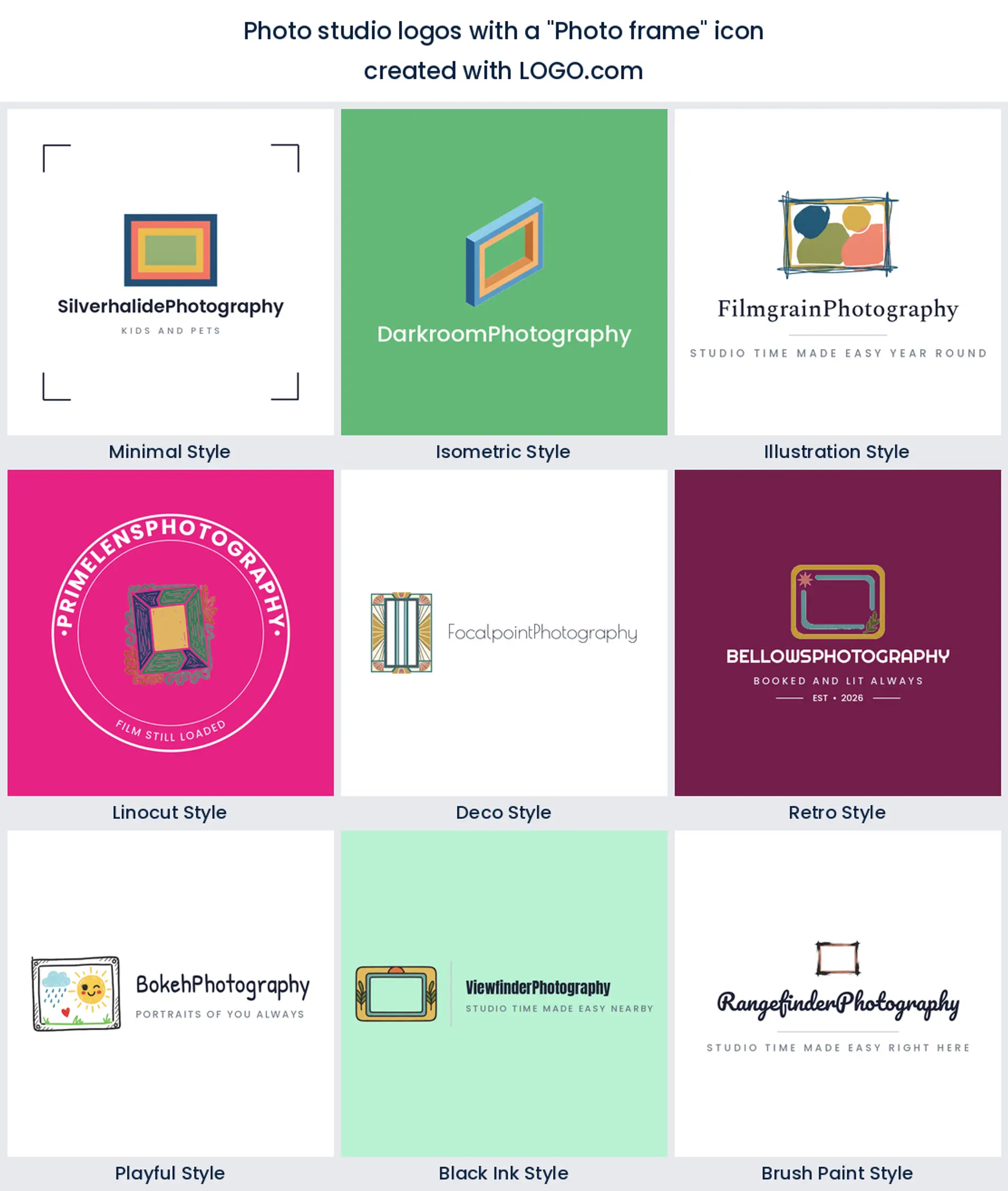 Photo studio logos using a photo frame icon shown across nine styles