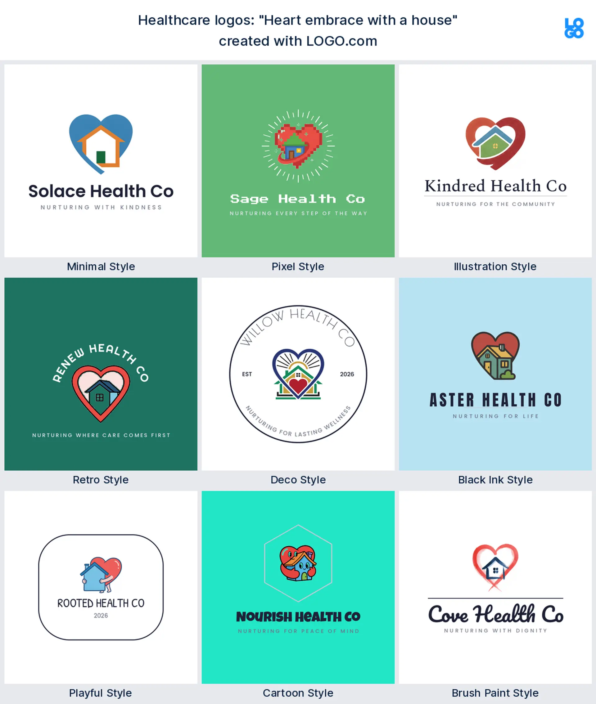 The "Heart embrace with a house" healthcare logo idea shown across nine LOGO.com styles