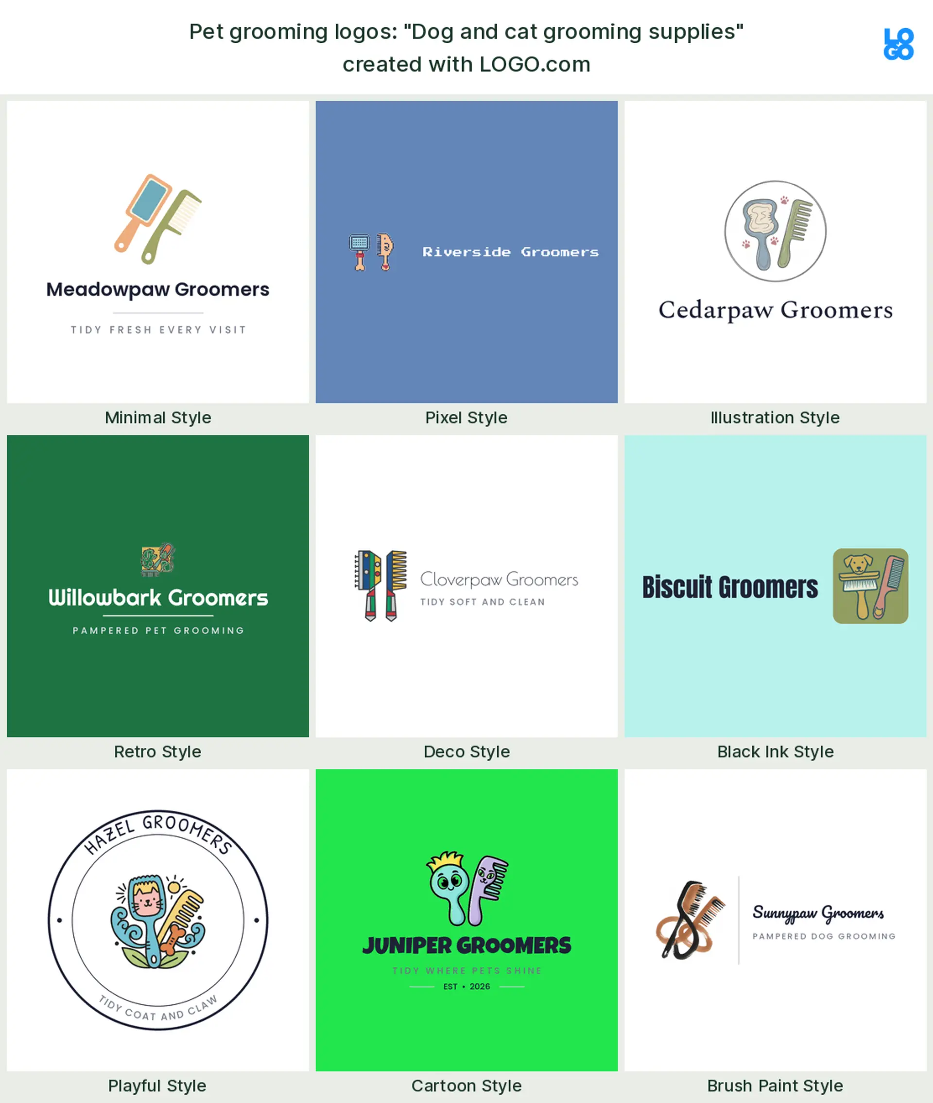 The "Dog and cat grooming supplies" pet grooming logo idea, shown across nine styles on LOGO.com