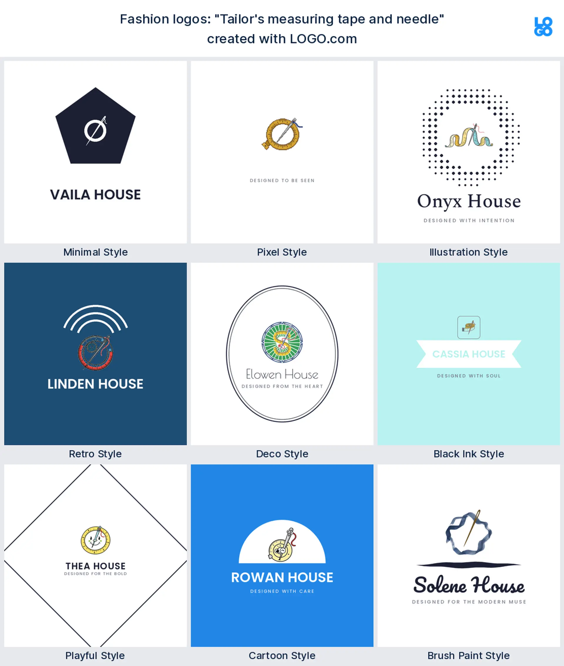 The "Tailor’s measuring tape and needle" logo idea shown across nine LOGO.com styles