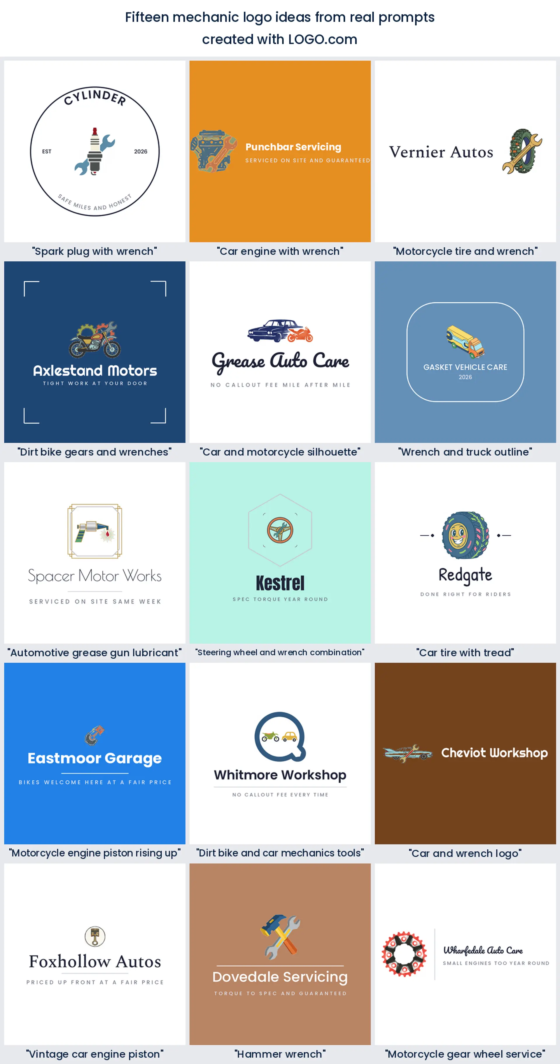Fifteen mechanic logo ideas from real founder prompts, shown across nine styles