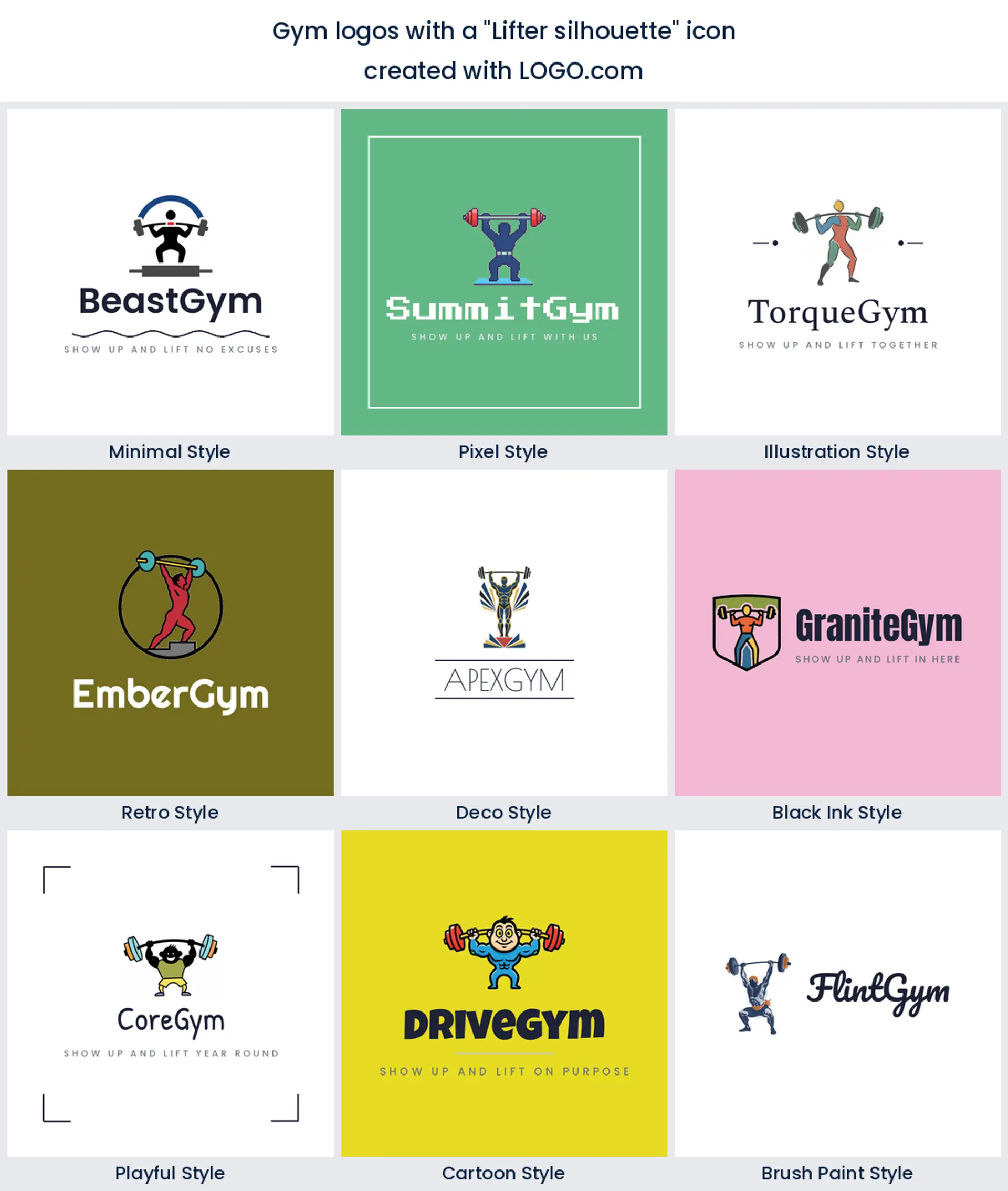 Lifter silhouette gym logo shown across nine LOGO.com styles