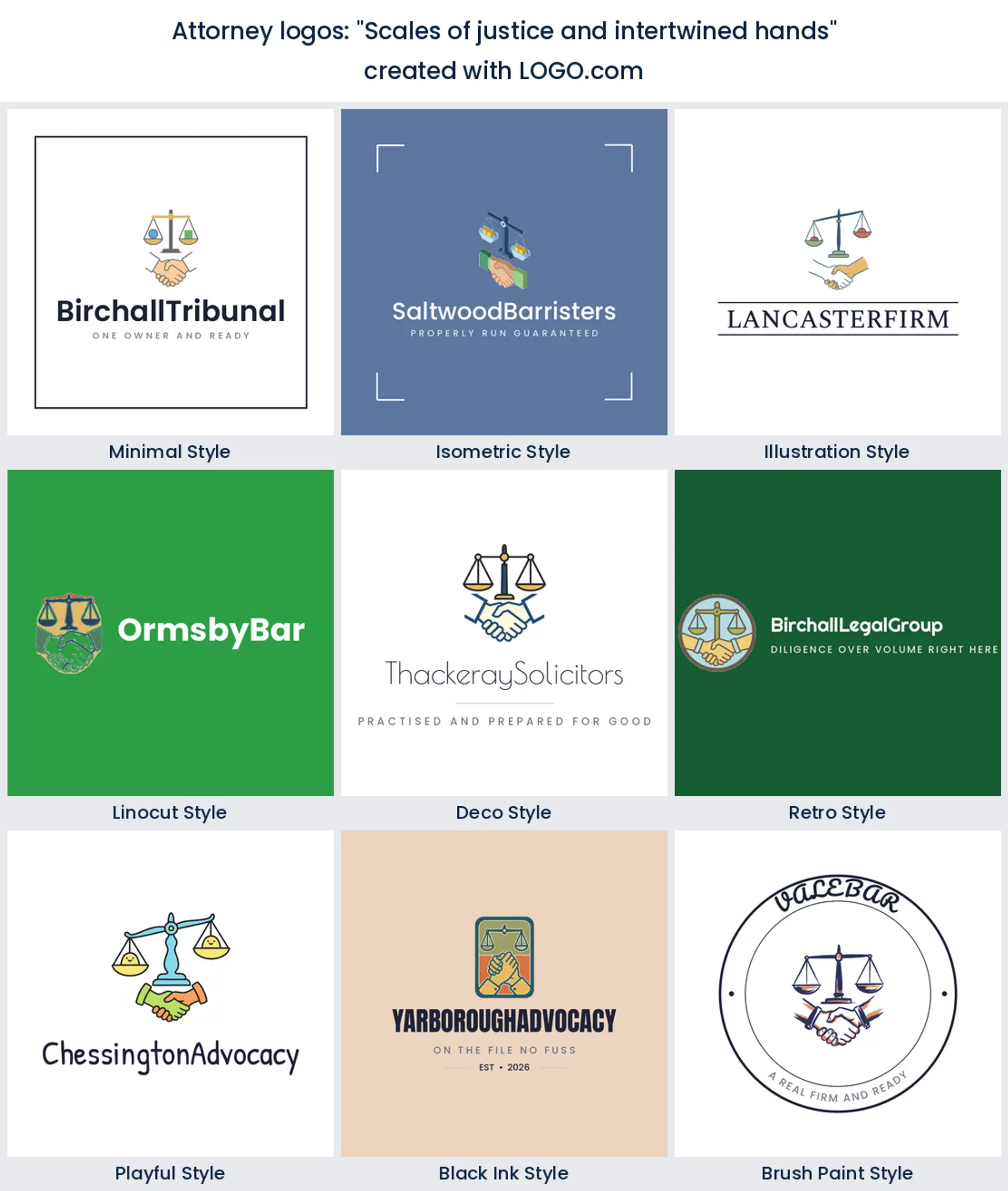 Nine styles of attorney logo with balanced scales above two clasped hands
