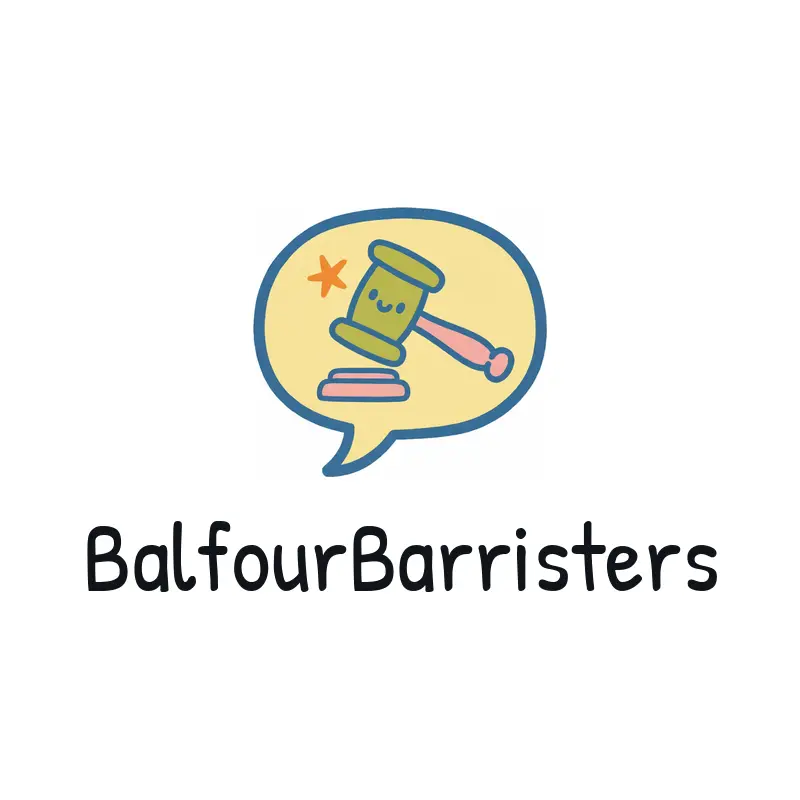 Playful law office logo for BalfourBarristers with a gavel tucked inside a speech bubble