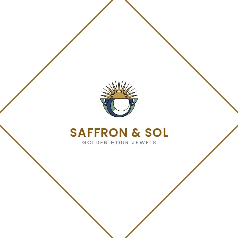The jewelry name Saffron & Sol as a branded logo in a deco style