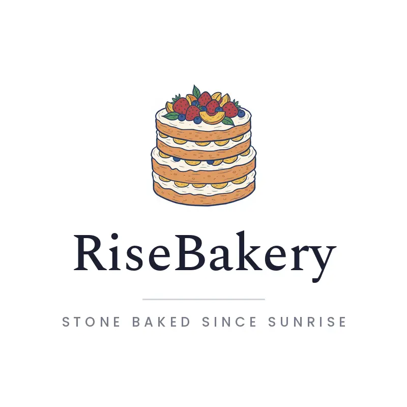 An illustrated layered cake with fruit bakery logo on white.