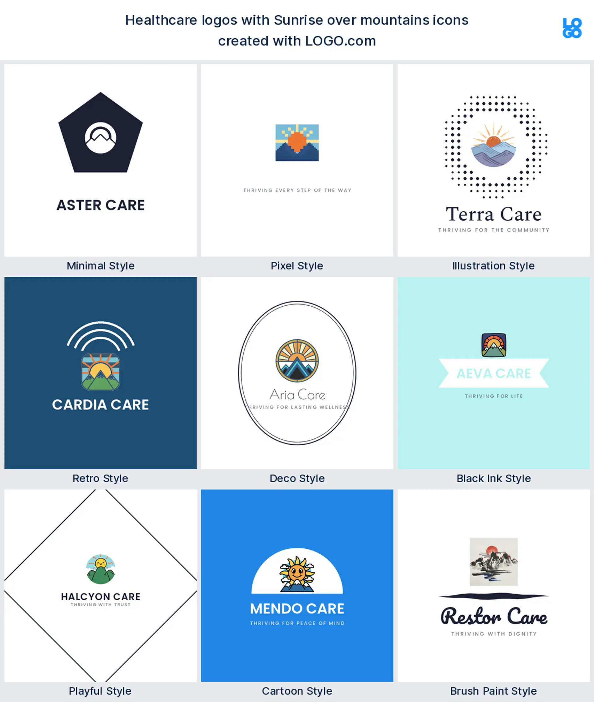 Sunrise over mountains shown across nine LOGO.com healthcare logo styles