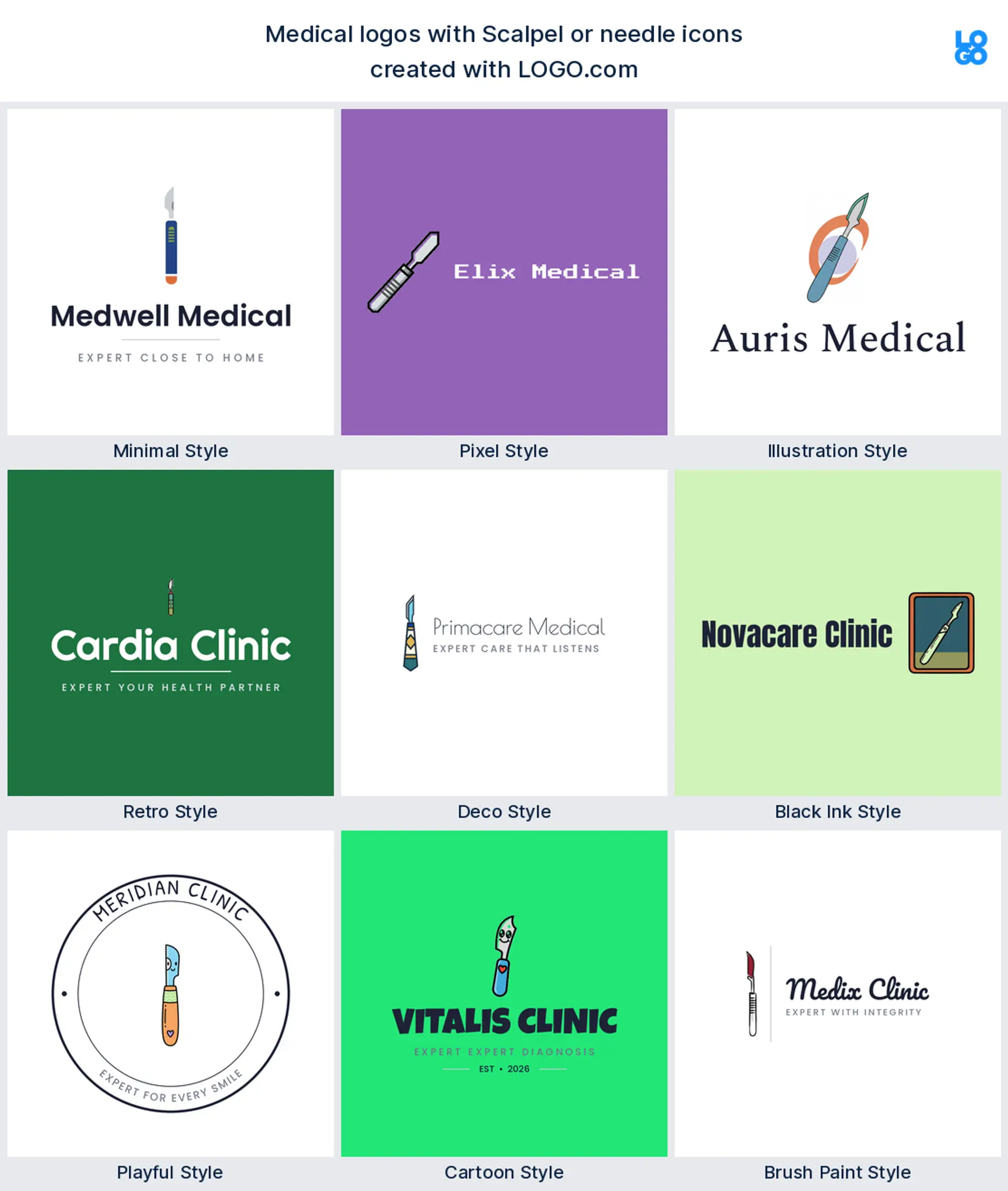 Scalpel or needle shown across nine LOGO.com medical logo styles