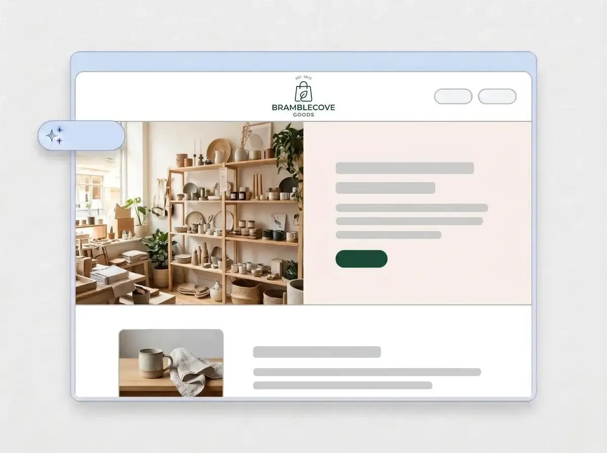 Finished Bramblecove Goods retail website built by LOGO.com from the uploaded logo, with shelves of ceramics and plants in the hero and a mug and linen thumbnail