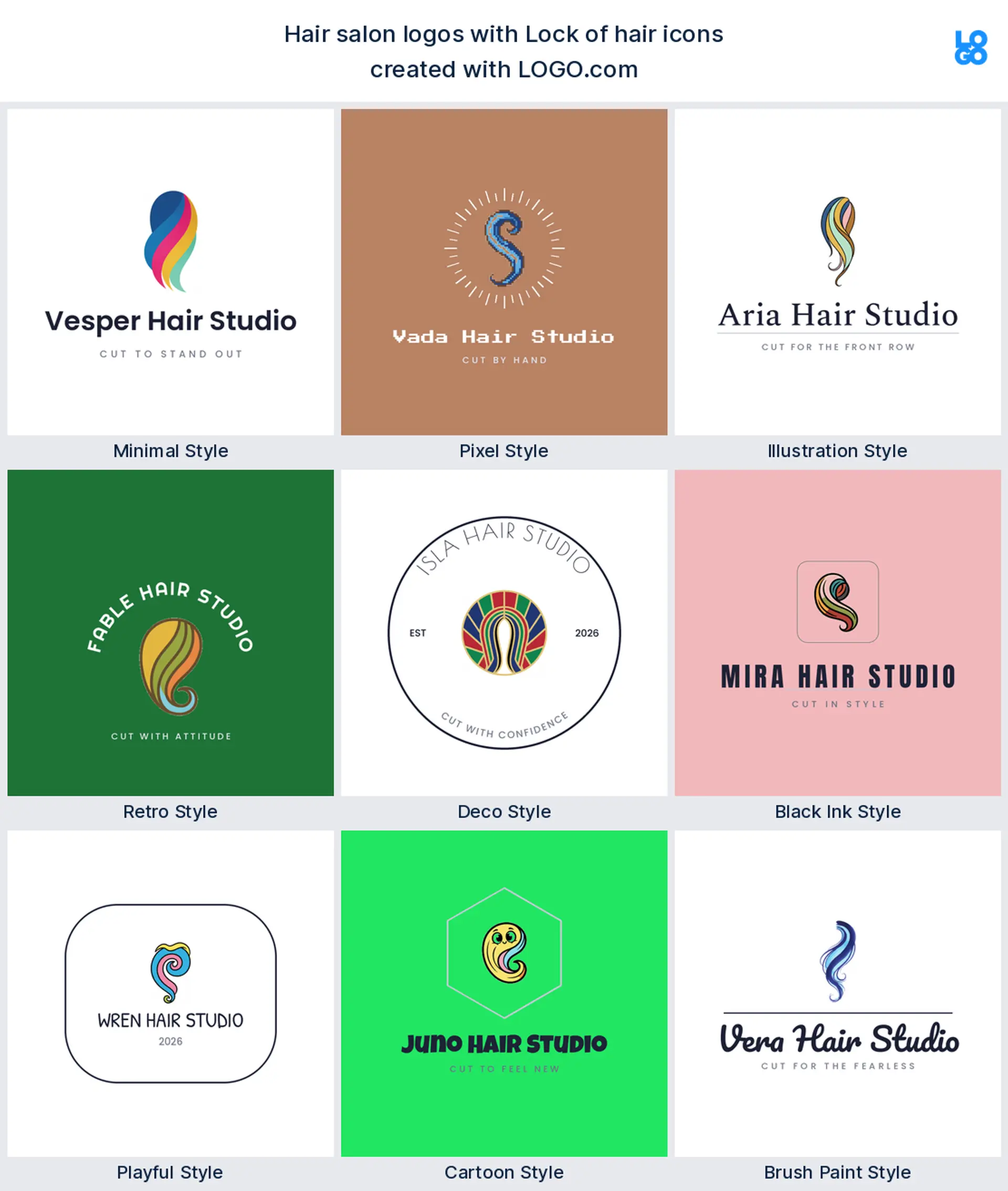 Lock of hair shown across nine LOGO.com hair salon logo styles