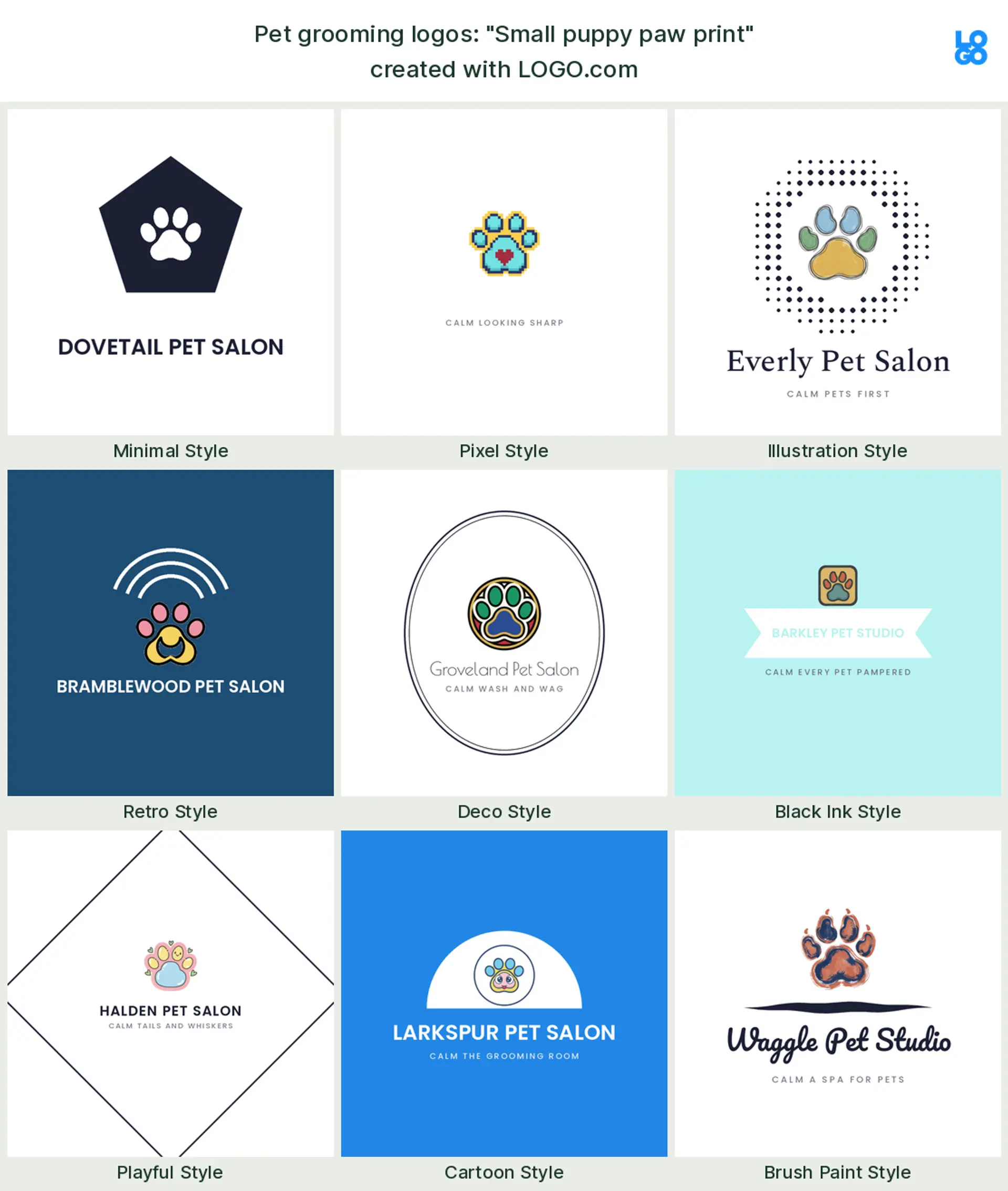 The "Small puppy paw print" pet grooming logo idea, shown across nine styles on LOGO.com
