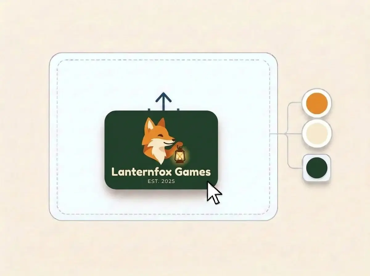 Lanternfox Games logo, a fox holding a glowing lantern in amber orange and cream on deep forest green, dropped into the LOGO.com upload box with its colors picked out