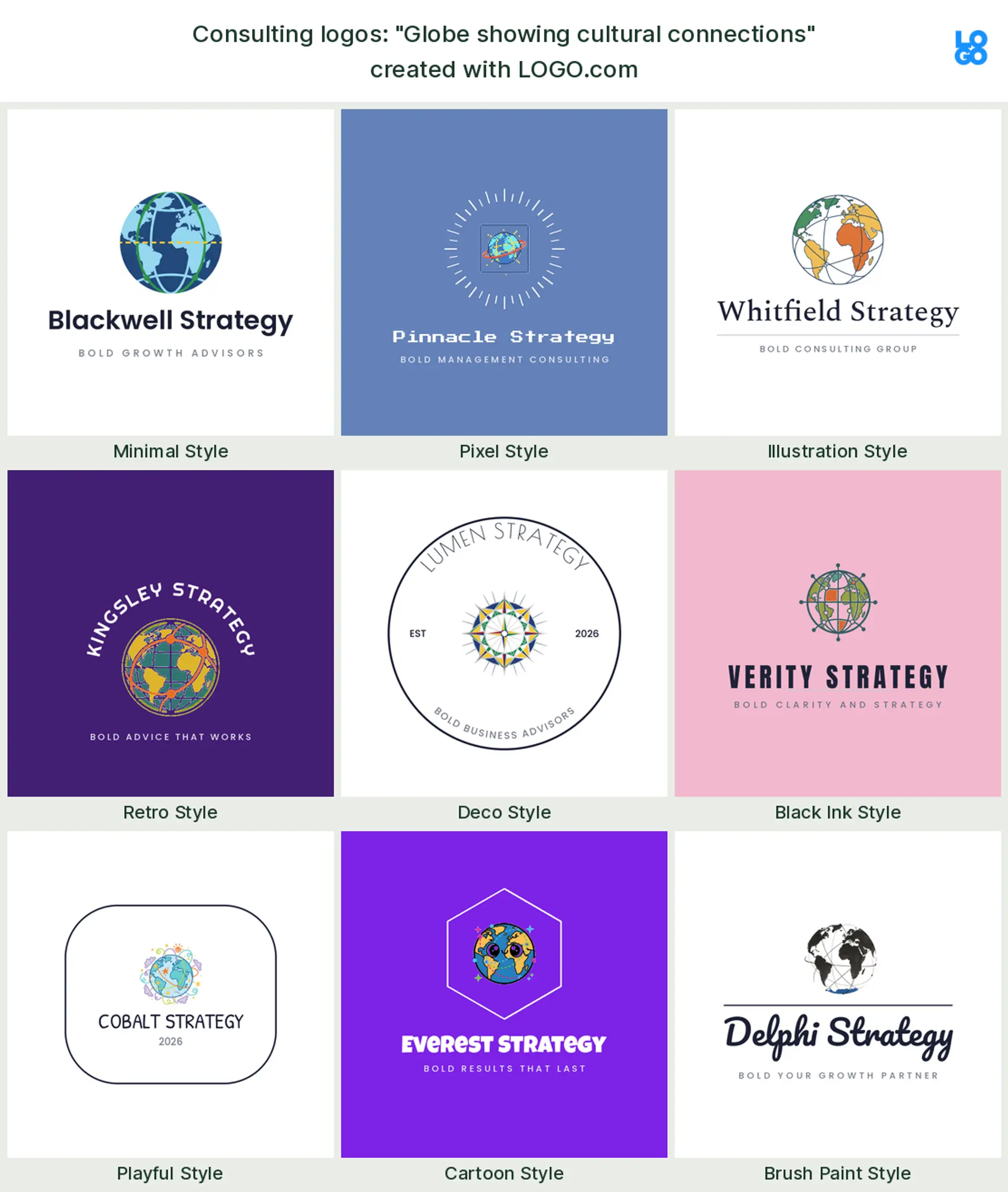 The "Globe showing cultural connections" business consulting logo idea, shown across nine styles on LOGO.com