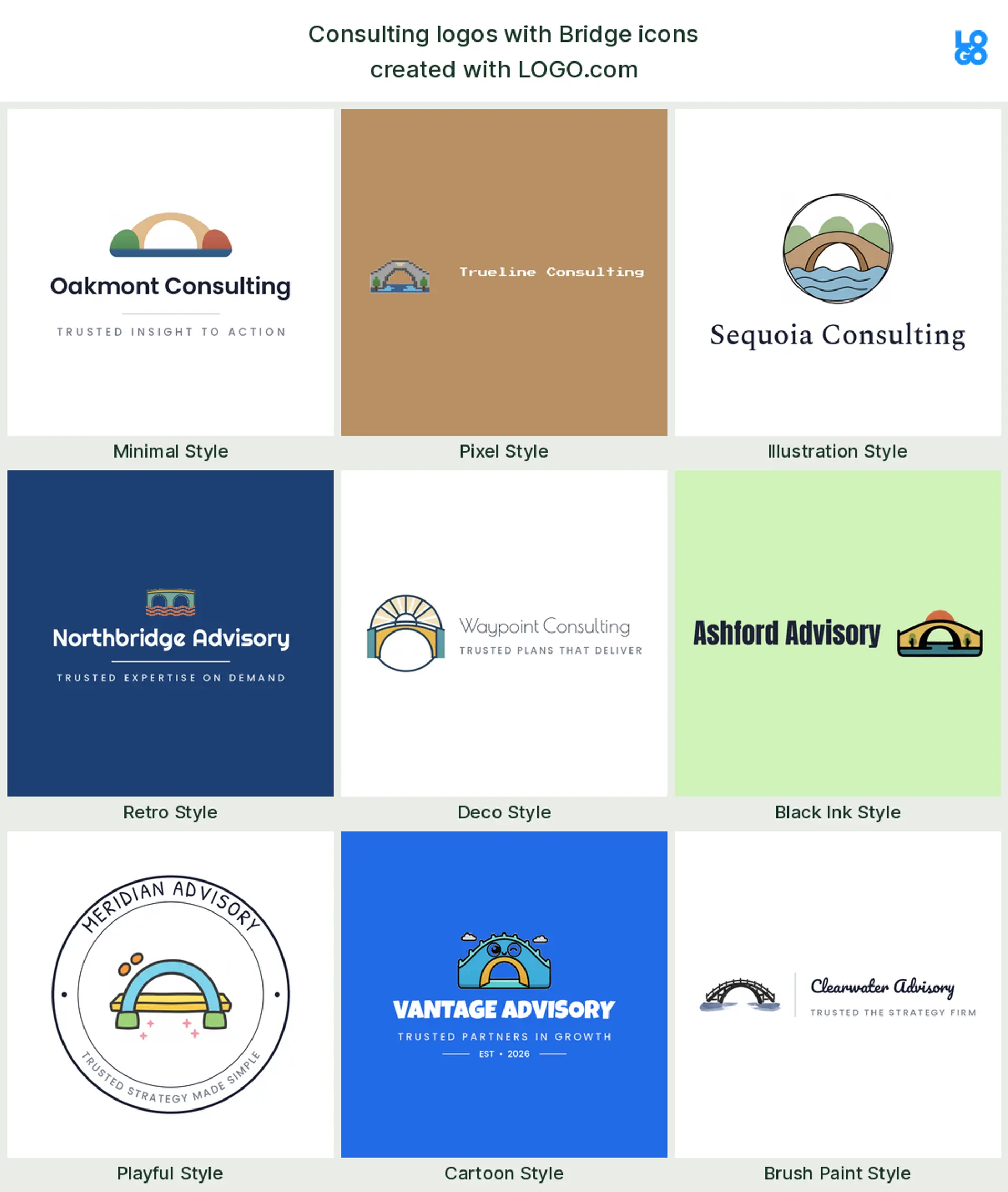 Bridge, a popular consulting logo symbol, shown across nine styles on LOGO.com
