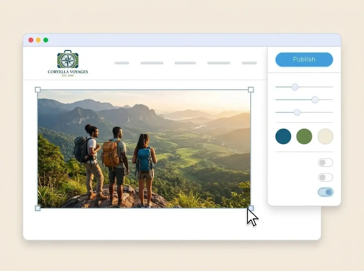 Editing the Corvella Voyages website with a photo of travelers on a mountain viewpoint selected, the style panel open and the Publish button ready