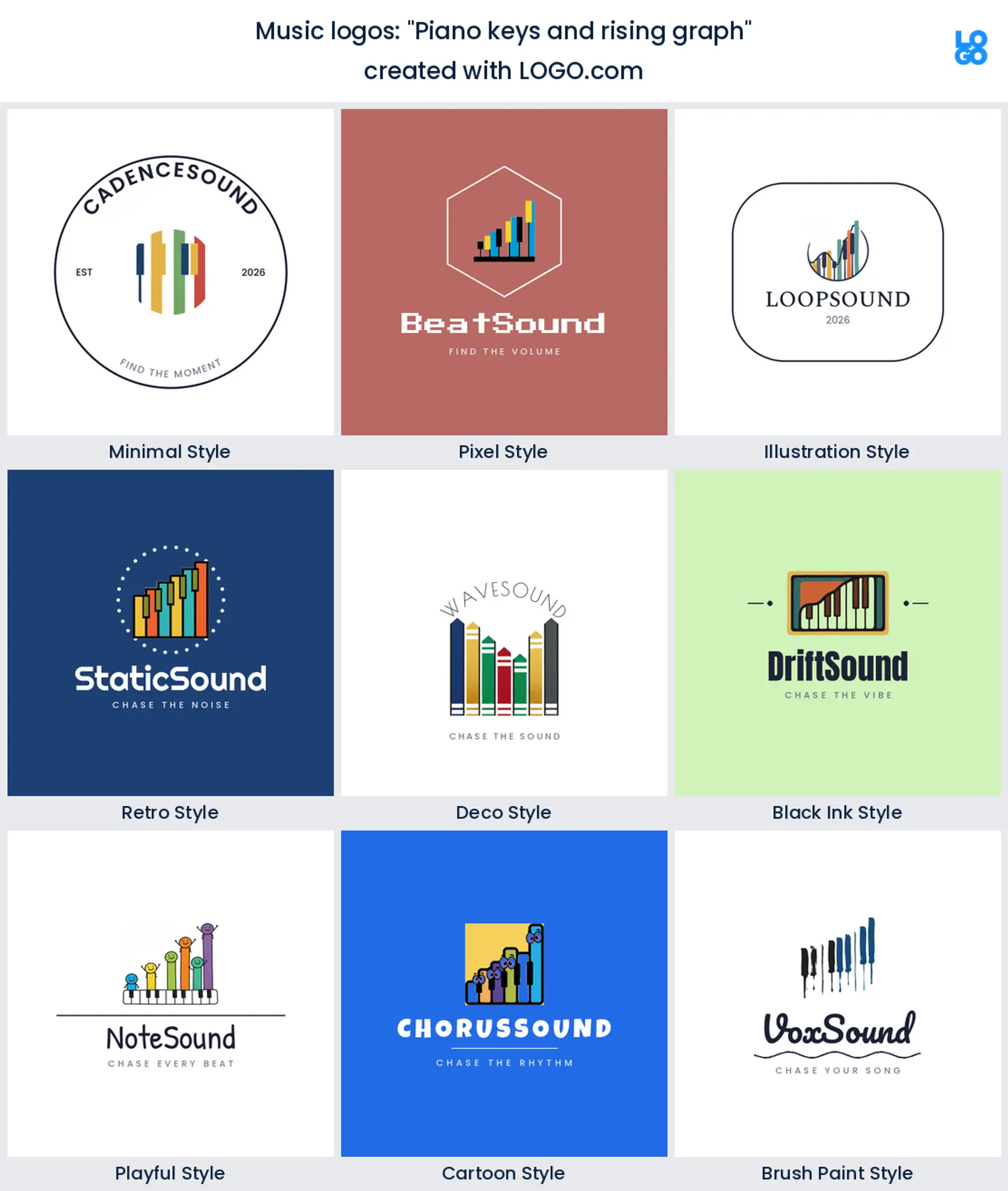Piano keys and rising graph, a music logo idea shown in nine LOGO.com styles