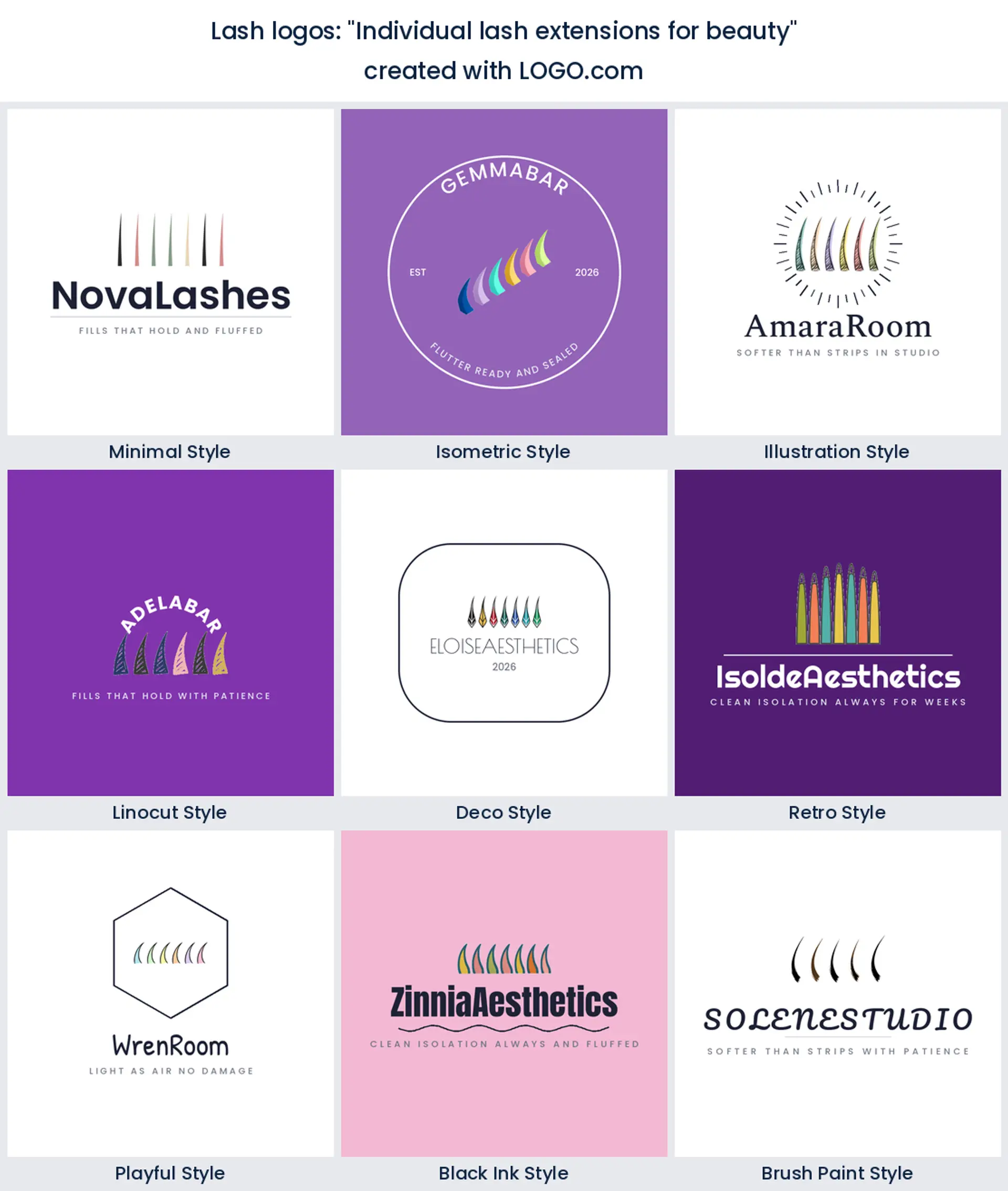 A lash logo built from the founder prompt "Individual lash extensions for beauty", shown in nine design styles.