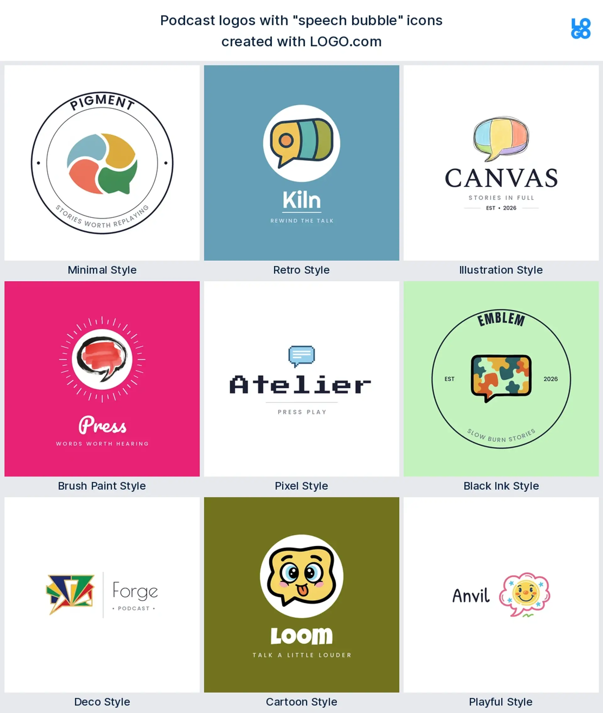 Speech bubble podcast logo shown in nine LOGO.com styles