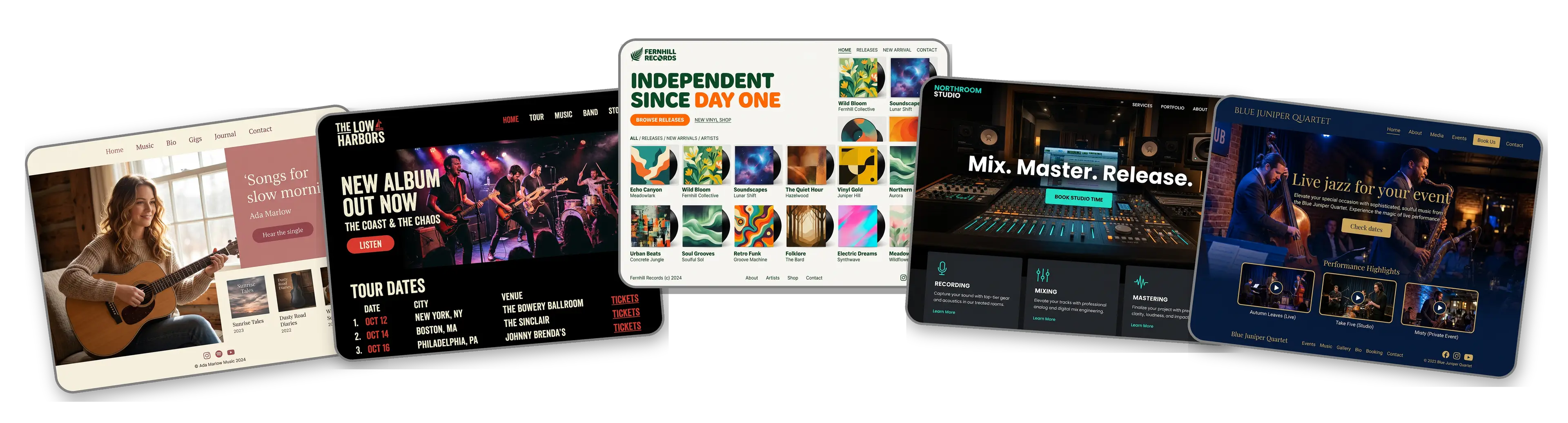 Five musician websites built with LOGO.com from a logo upload: a singer songwriter, a rock band, an independent record label, a music producer studio and a jazz quartet