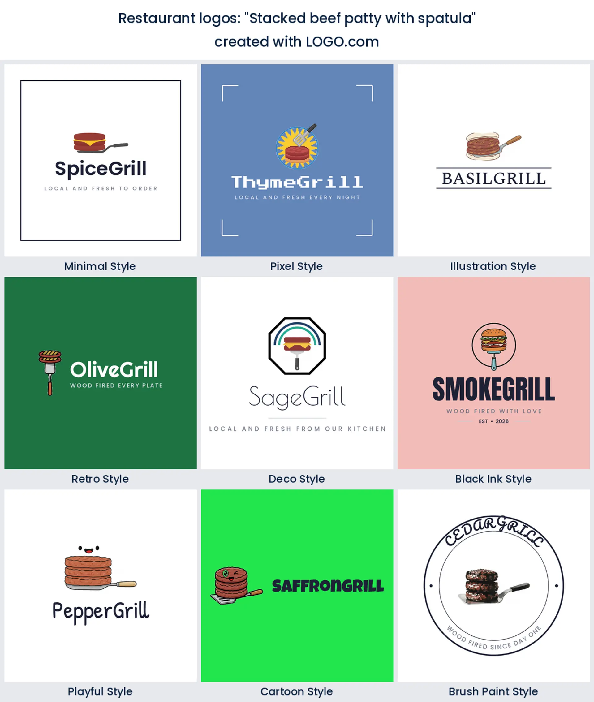 Stacked beef patty and spatula restaurant logo in nine styles.