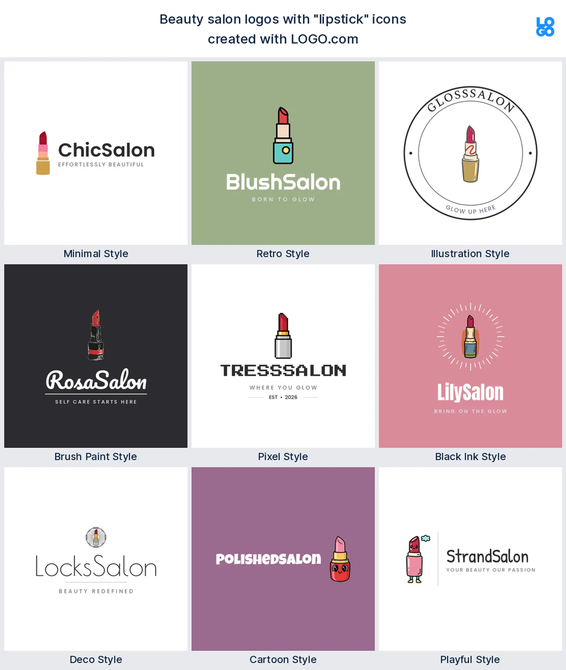 Lipstick beauty salon logo shown in nine LOGO.com styles