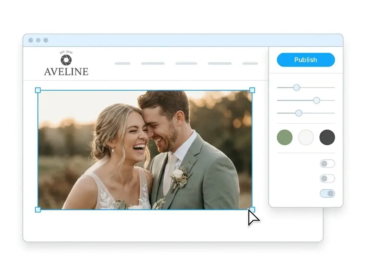 Editing the Aveline photography website with a wedding photo selected, the style panel open and the Publish button ready