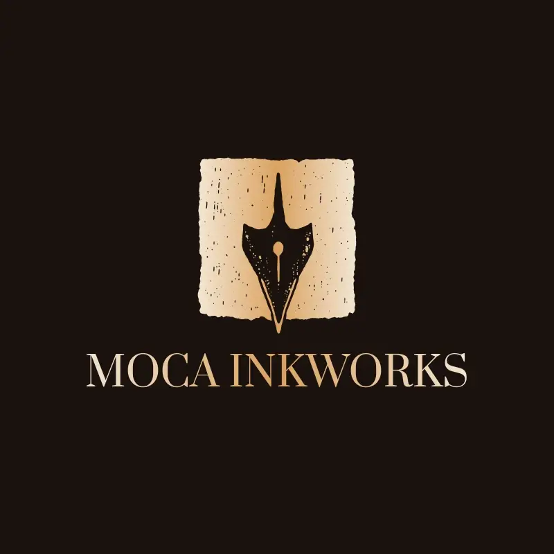 The tattoo shop name Moca Inkworks as a branded logo with a single color icon