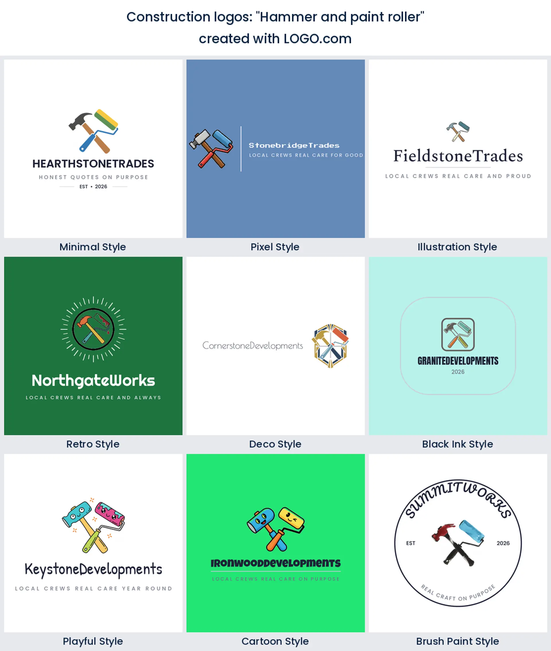Hammer and paint roller construction logo idea, shown in nine LOGO.com styles