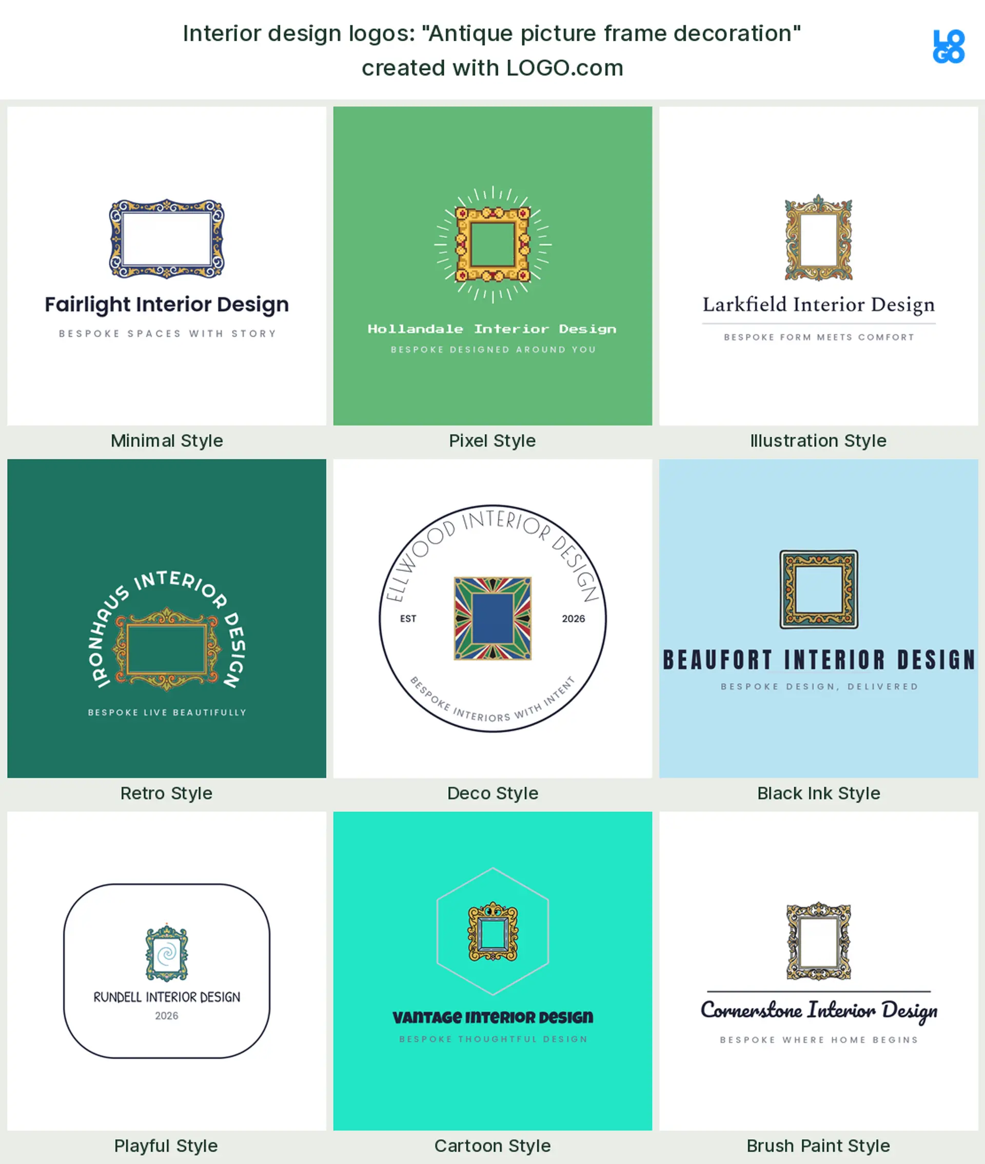 The "Antique picture frame decoration" interior design logo idea, shown across nine styles on LOGO.com