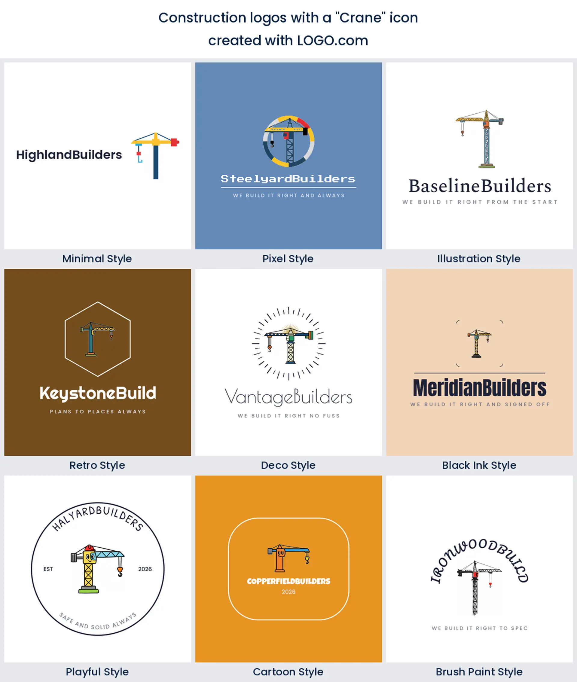Crane icon for a construction brand, shown in nine LOGO.com styles