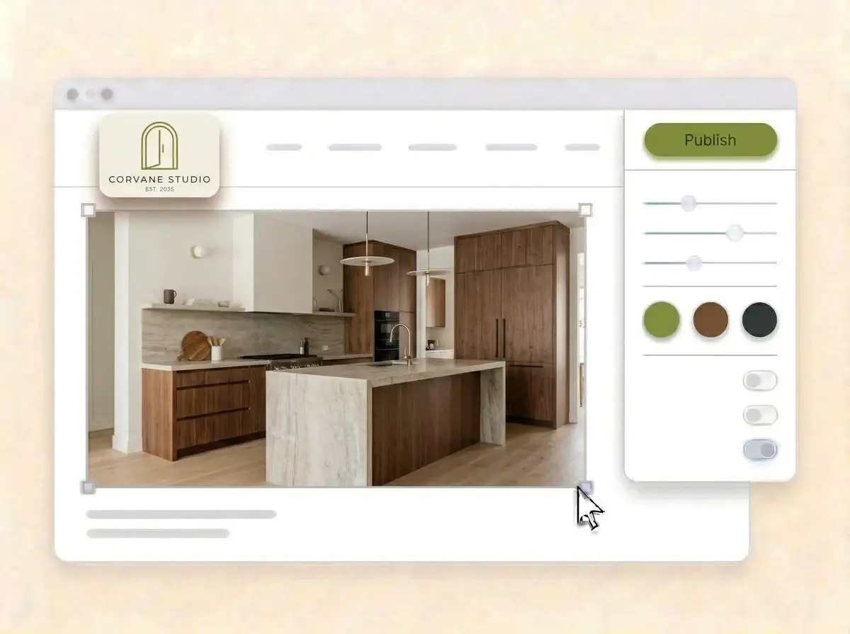 Editing the Corvane Studio website with a photo of a walnut and stone kitchen selected, the style panel open and the Publish button ready