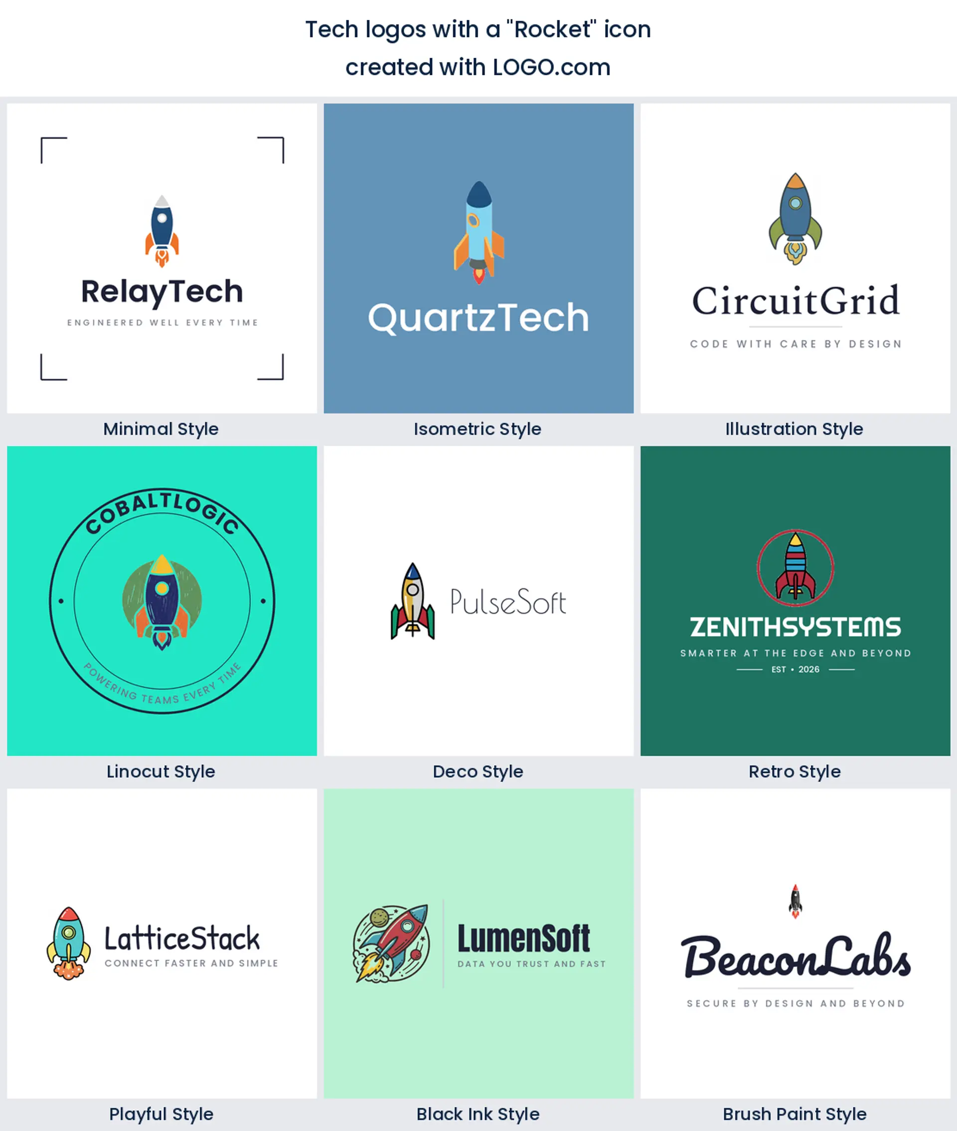 Rocket tech logo shown in nine LOGO.com styles.