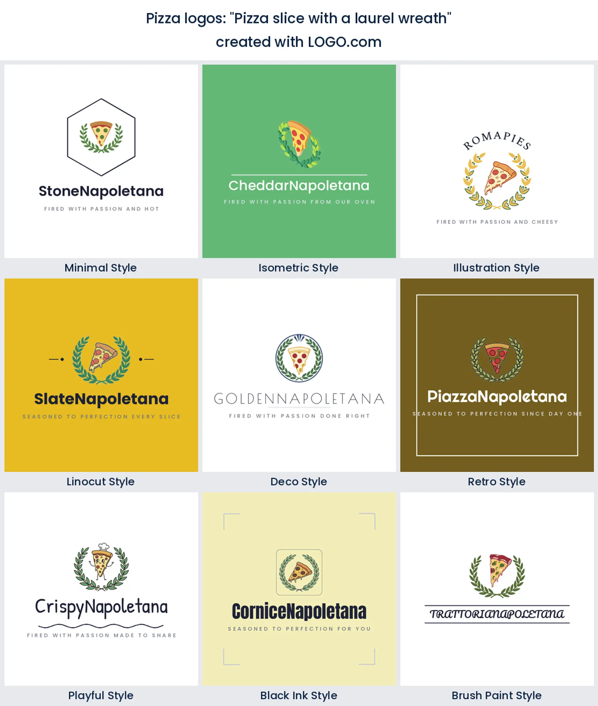 Pizza slice with a laurel wreath logo in nine styles.