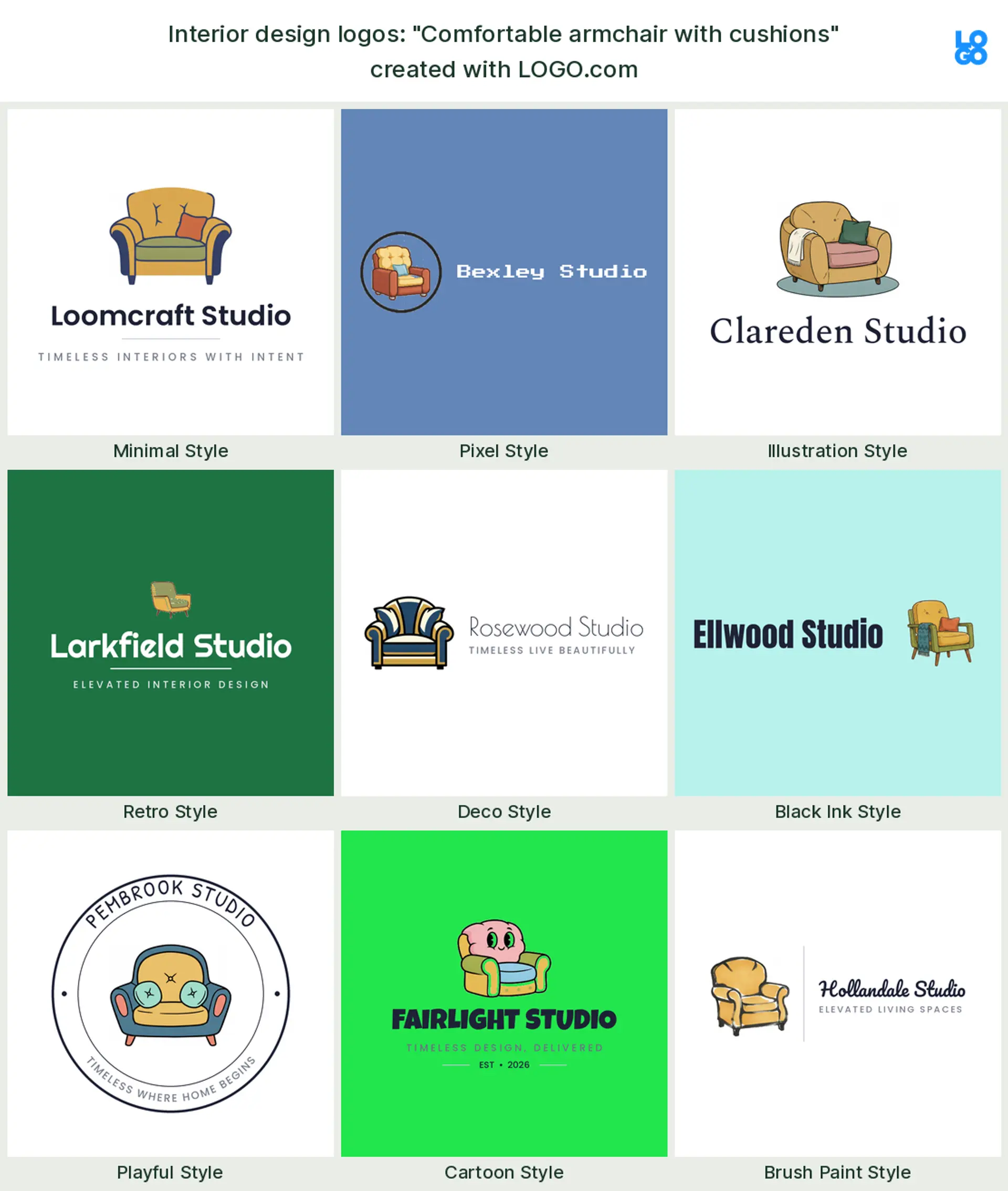The "Comfortable armchair with cushions" interior design logo idea, shown across nine styles on LOGO.com