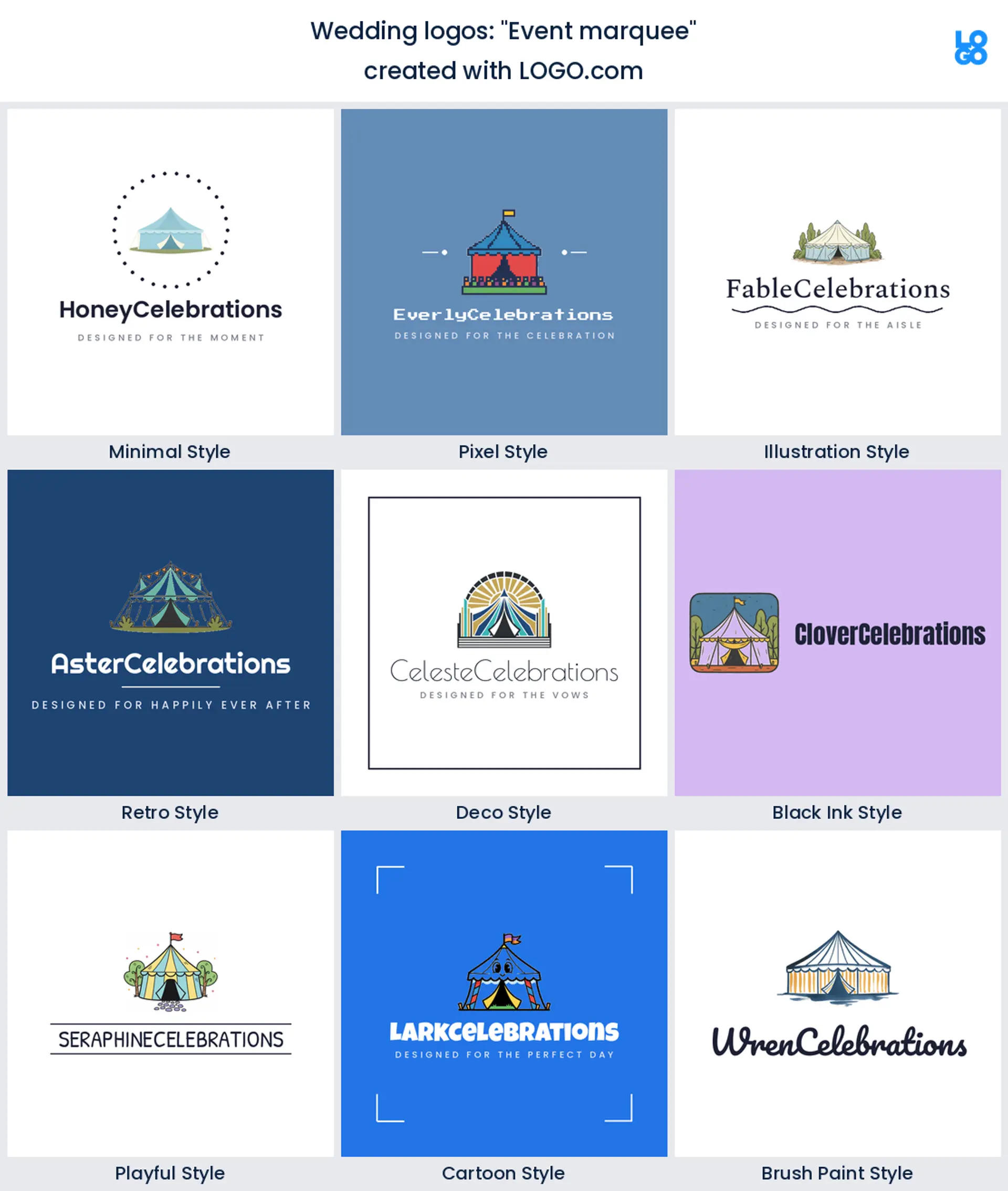 Event marquee, a wedding logo idea shown in nine LOGO.com styles